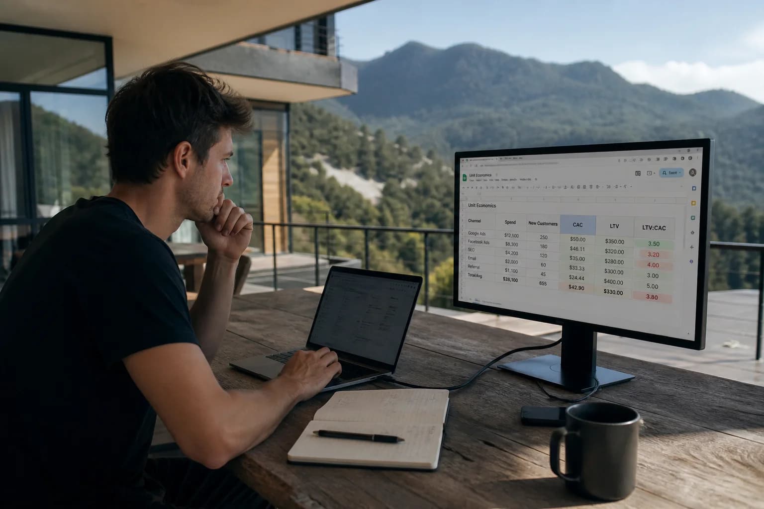 Solo founder on a terrace desk with laptop and large monitor reviewing handwritten LTV and CAC notes beside a forest valley view