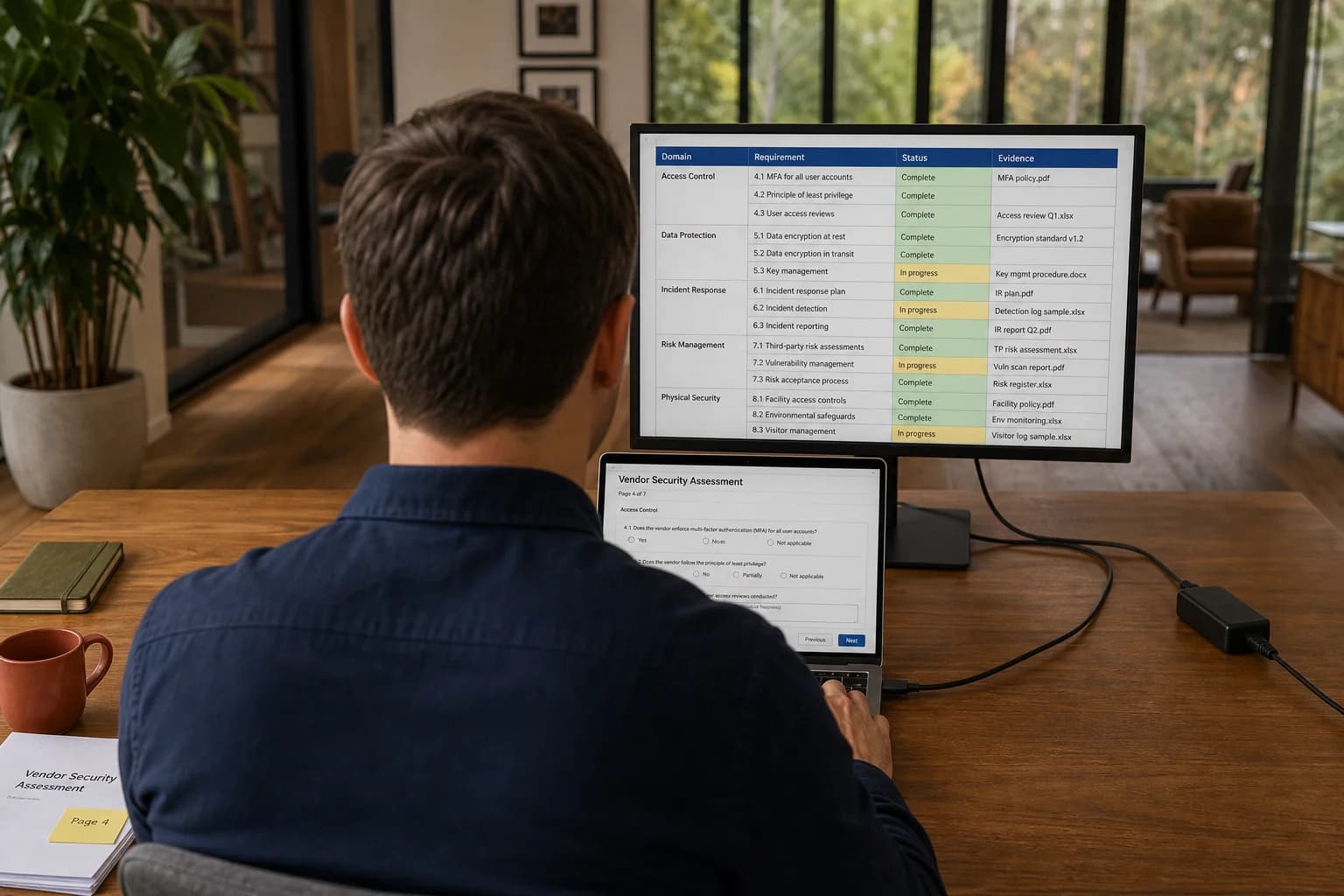 View from behind a solo founder at a home-office desk, laptop and large monitor showing a vendor questionnaire, printed page four and coffee nearby