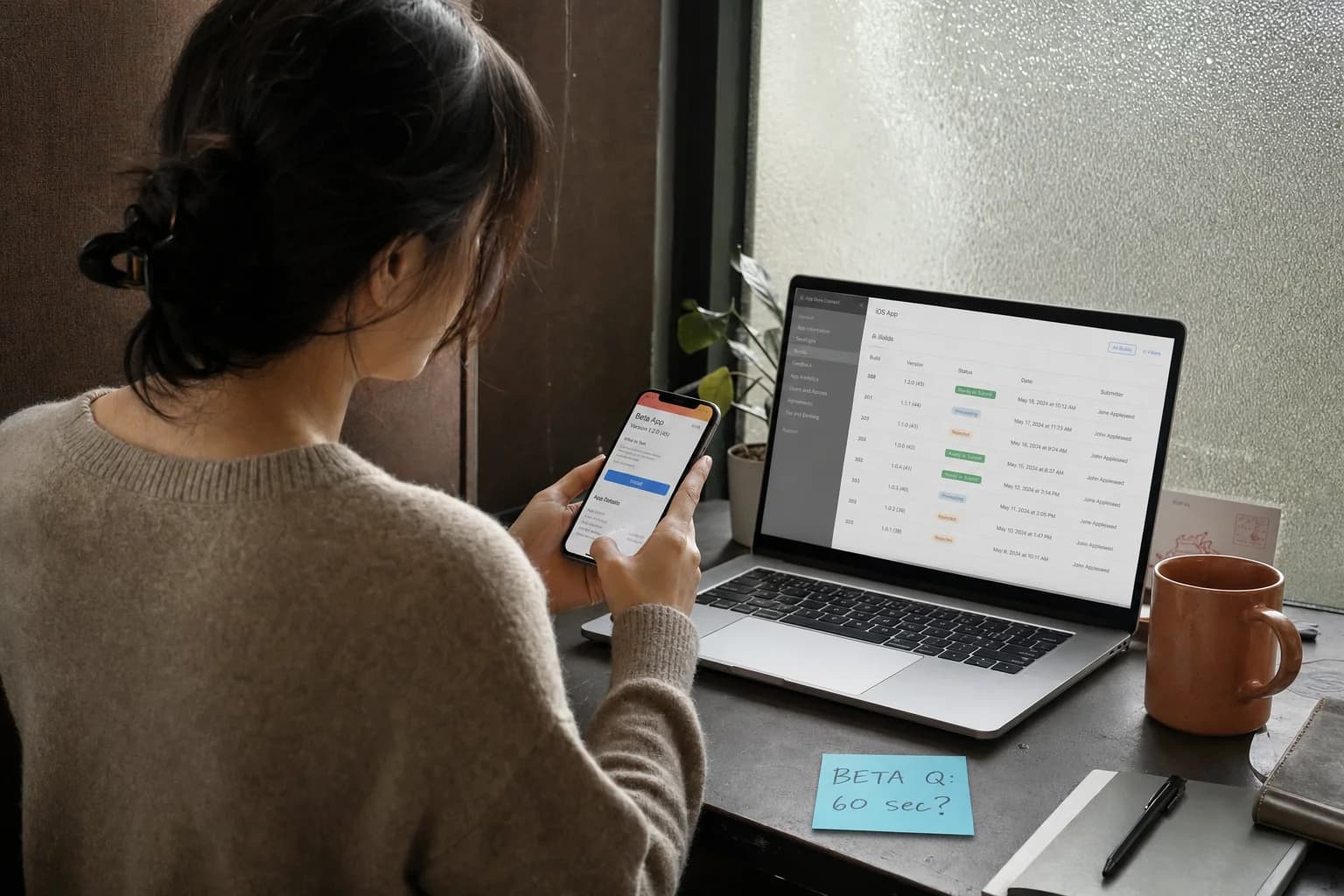 Solo founder in a coworking booth checking a phone beta build beside a laptop and a sticky note