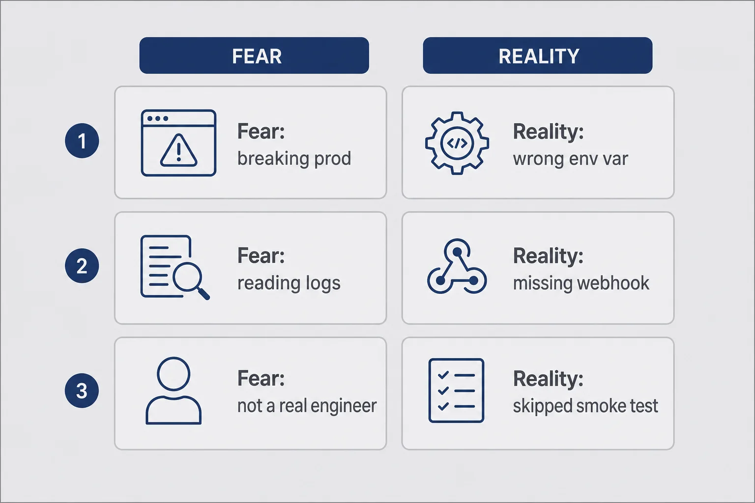 Matrix diagram with four quadrants comparing common fears like breaking prod and reading logs against actual risks like wrong env vars and missing webhooks