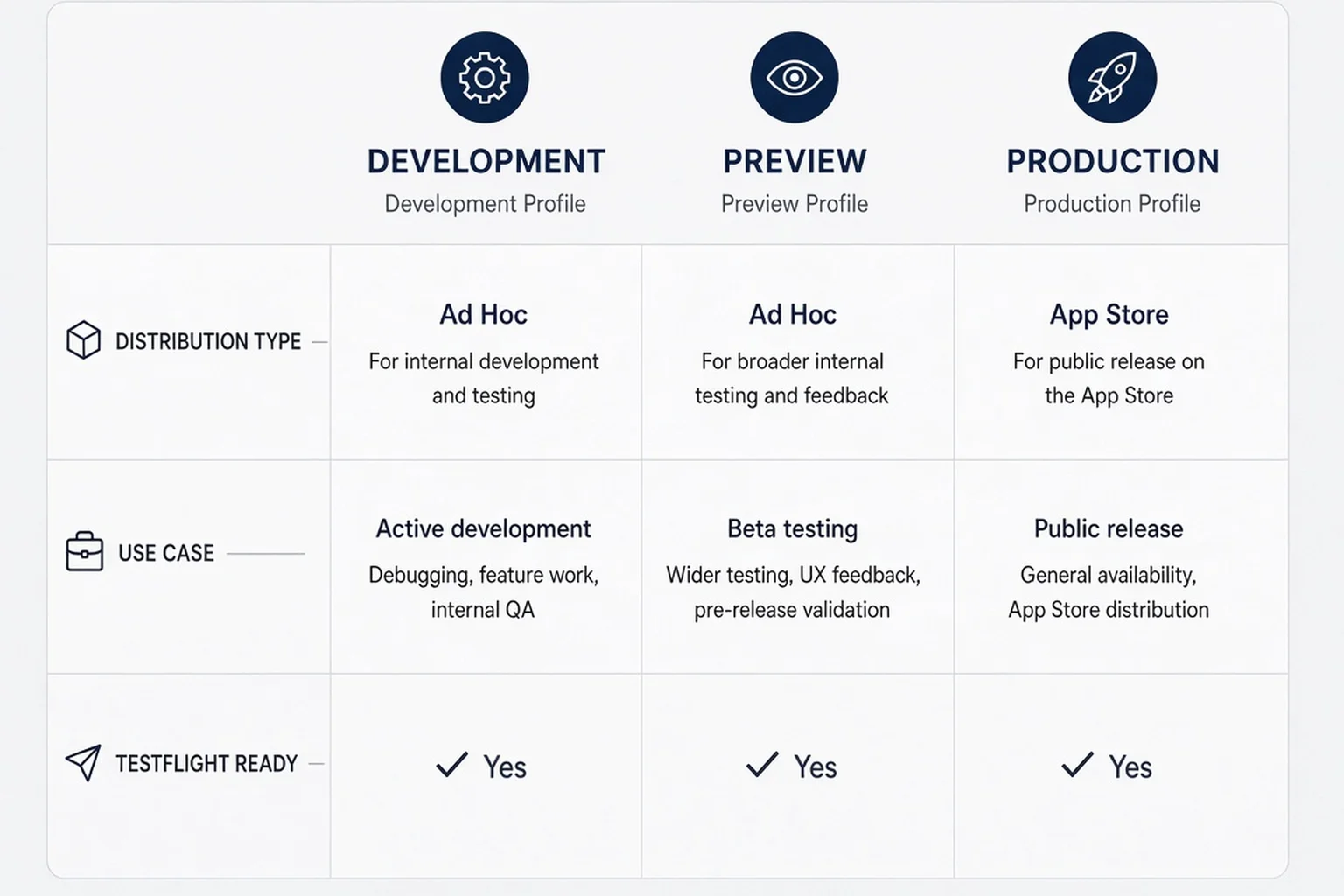 Matrix diagram comparing development preview and production build profiles with use cases