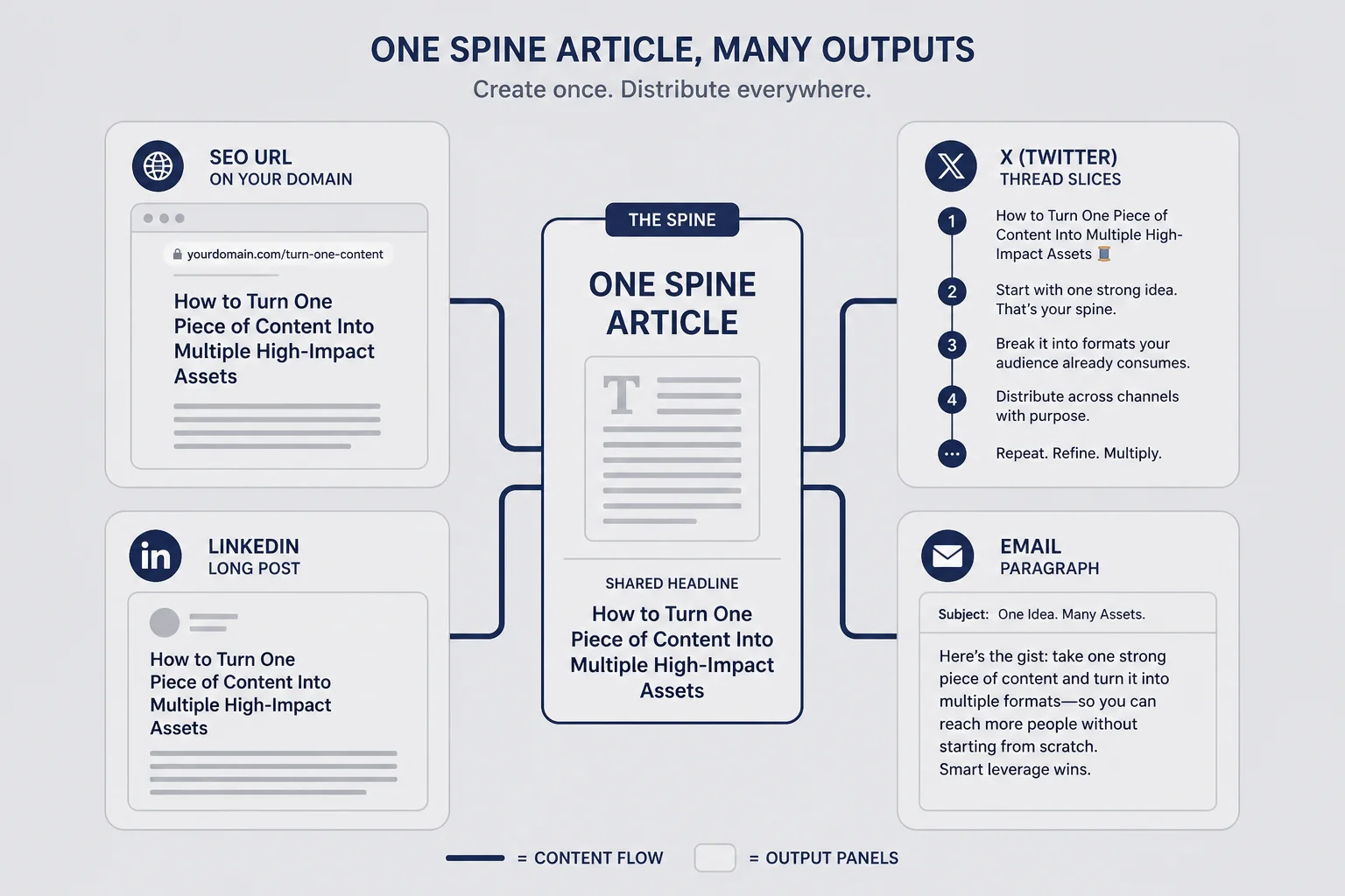 Diagram showing one spine article branching to SEO URL LinkedIn long post X thread slices and email paragraph with shared headline