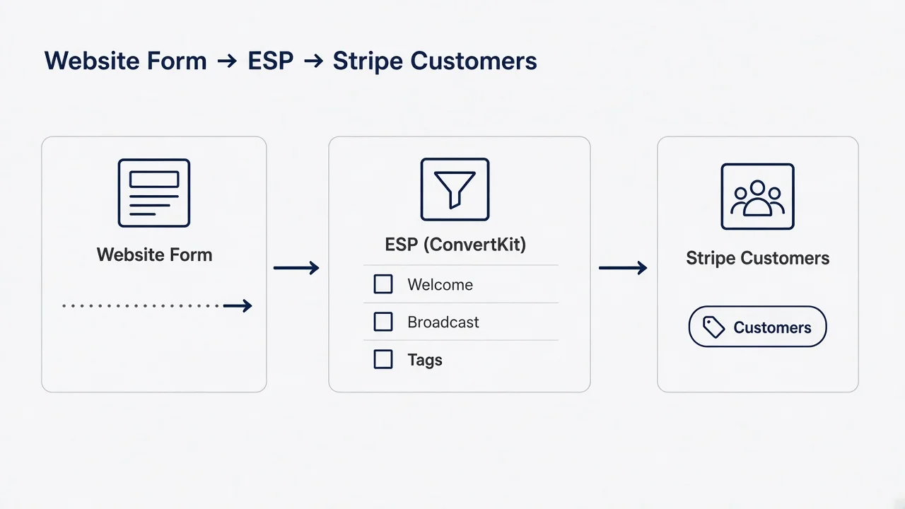 Simple wireframe of landing page form connected to email sequences and product tags