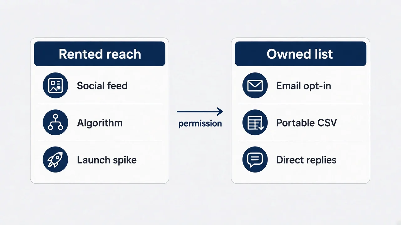 Two-column comparison of rented social reach versus owned email list with permission and portability labels
