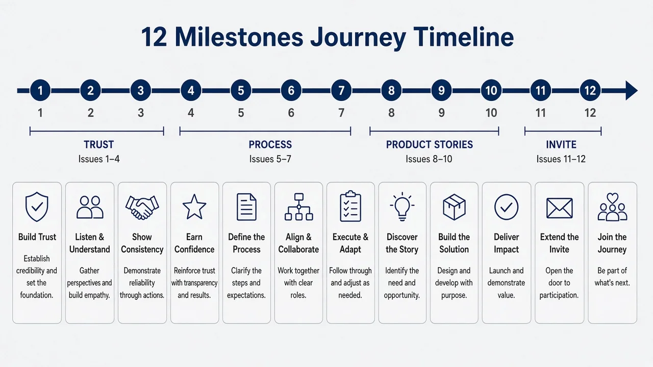 Timeline of twelve newsletter issues with labels for trust-building themes before product pitch