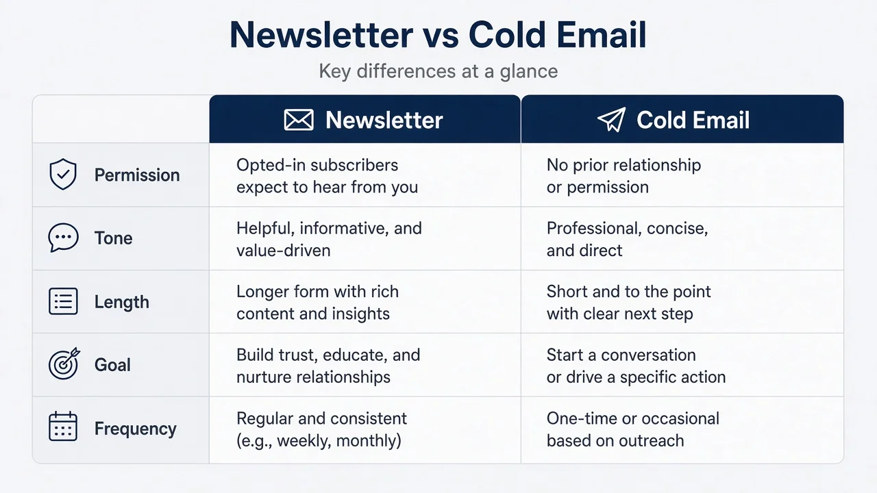 Side-by-side matrix comparing newsletter and cold email on permission, frequency, goal, and tone