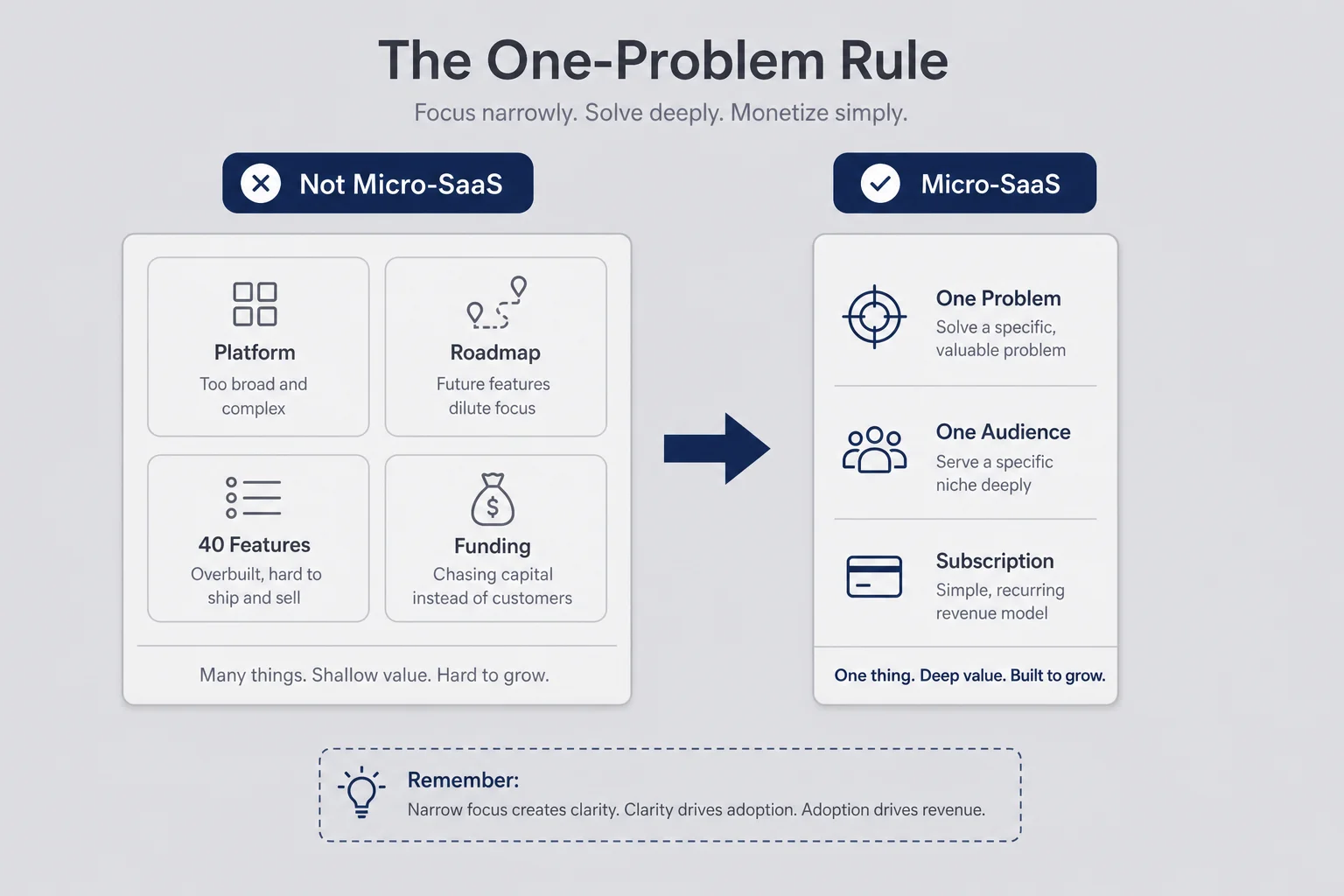 Before and after wireframe comparing a bloated platform with a narrow one-problem micro-SaaS scope
