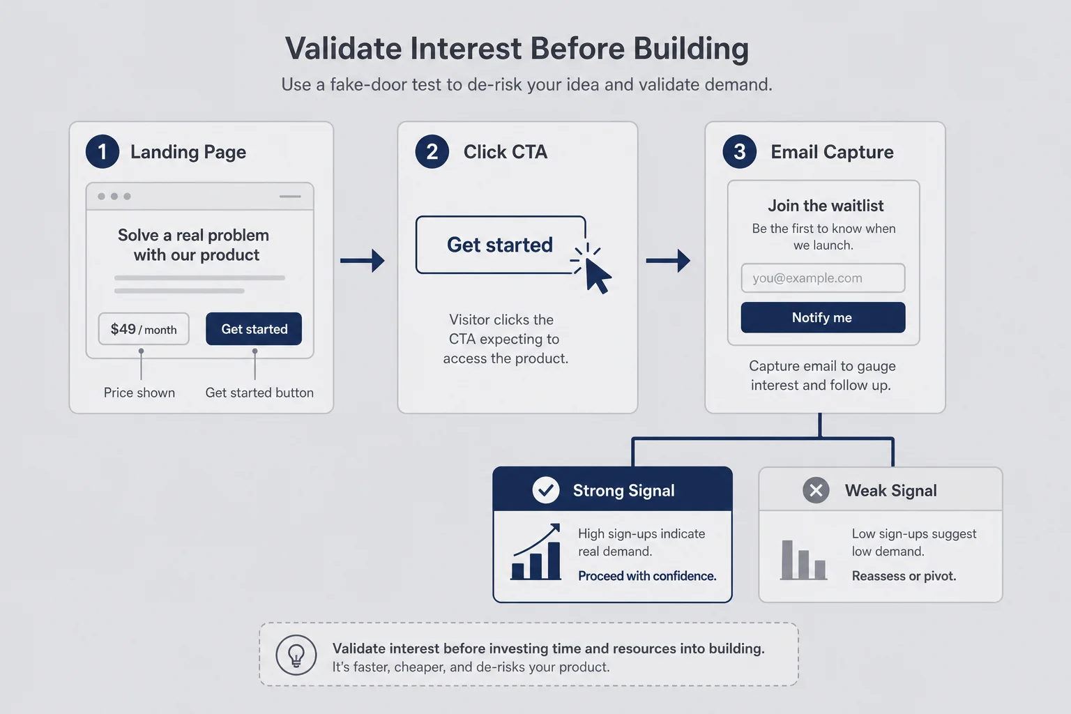 Fake-door validation funnel from landing page through email capture to strong or weak demand signals
