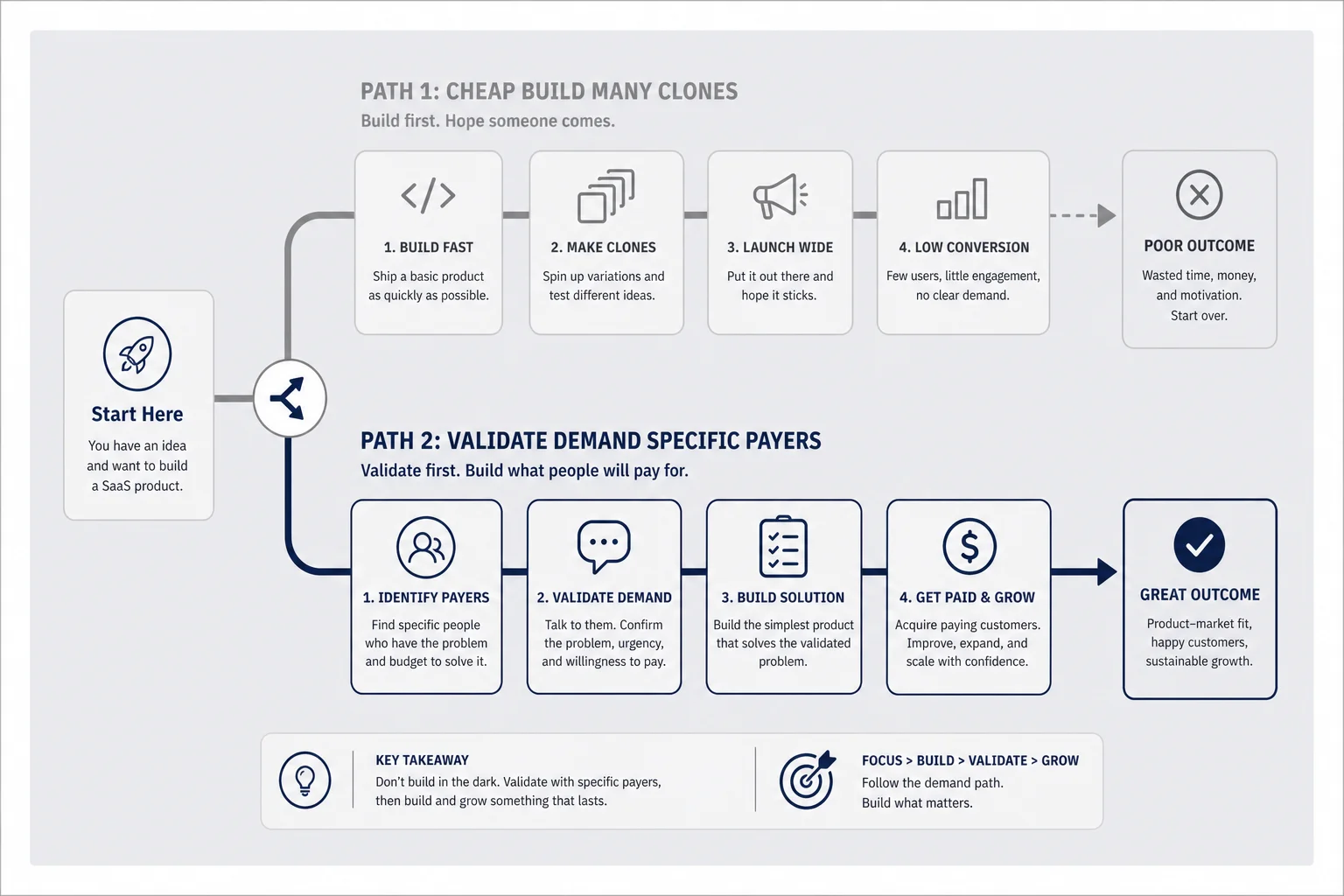 Two-path fork comparing cheap build with many clones against validate demand with specific payers