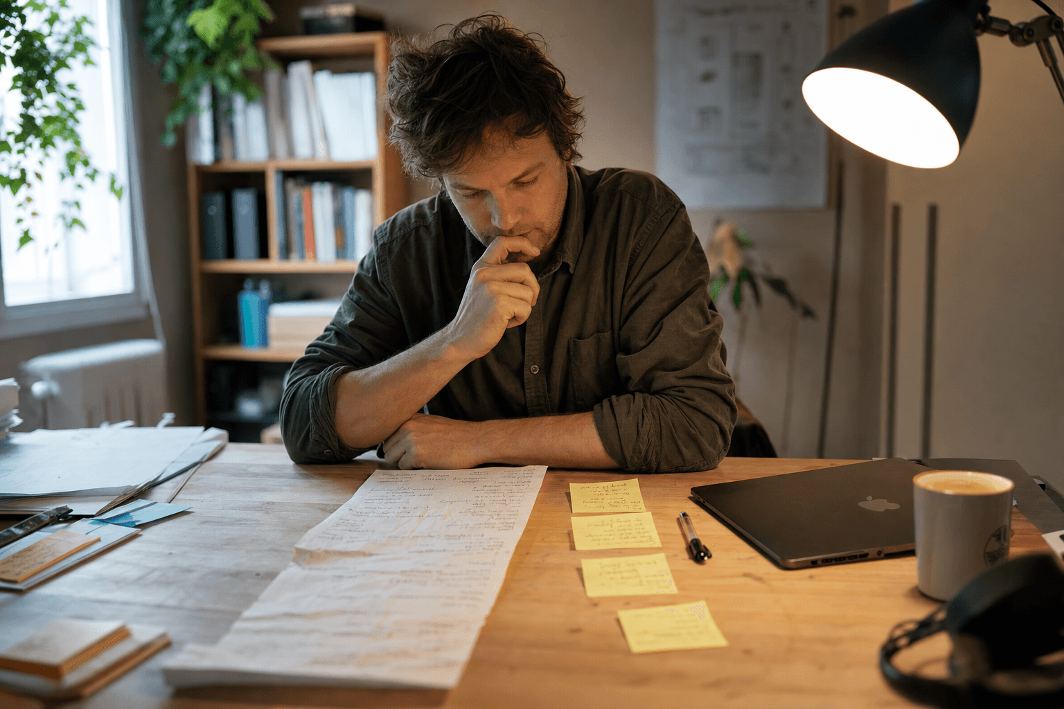Founder at a desk comparing a long build checklist with a short validation checklist on sticky notes