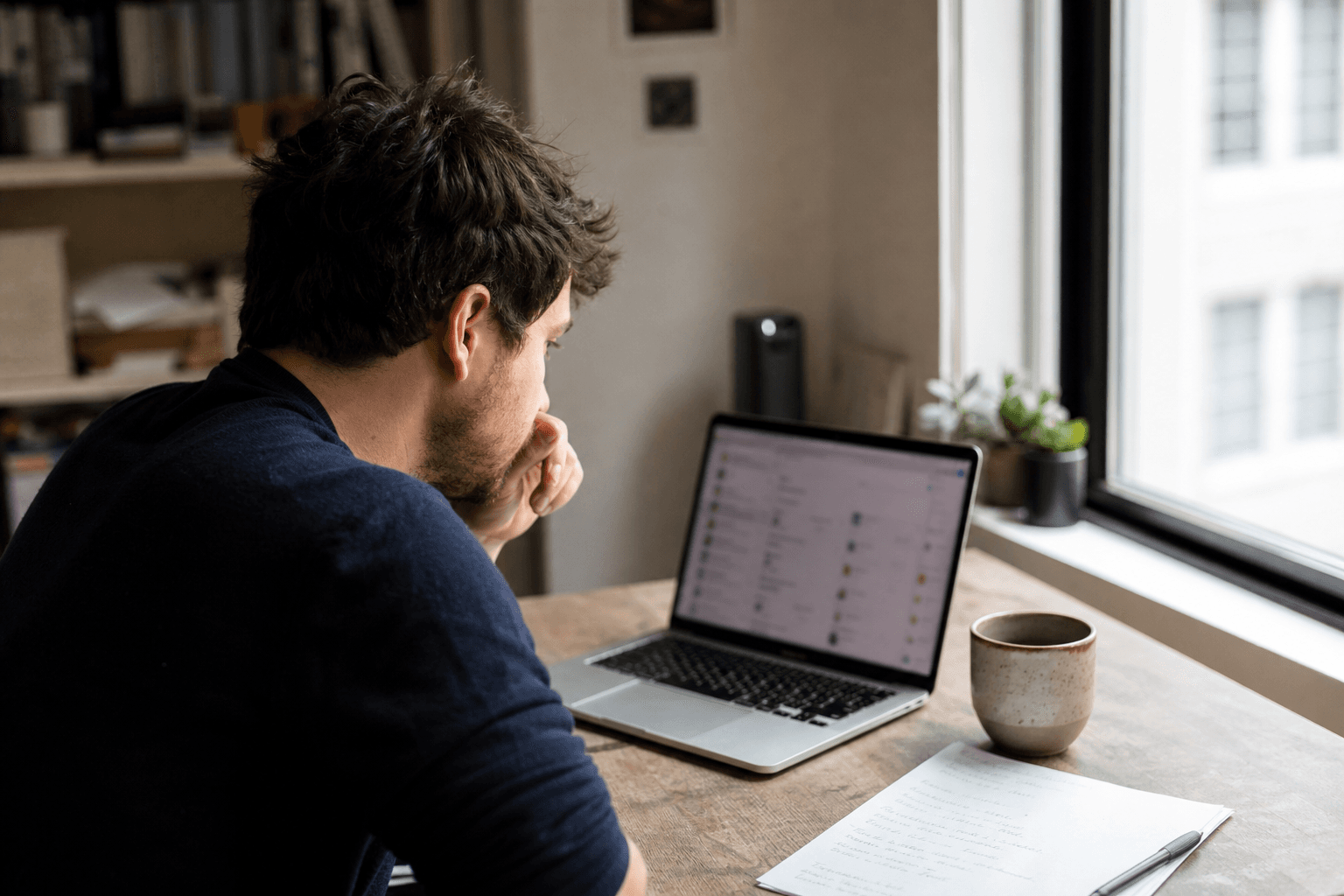 Solo founder scrolling niche community posts on a laptop, handwritten list of recurring complaints on paper beside the keyboard