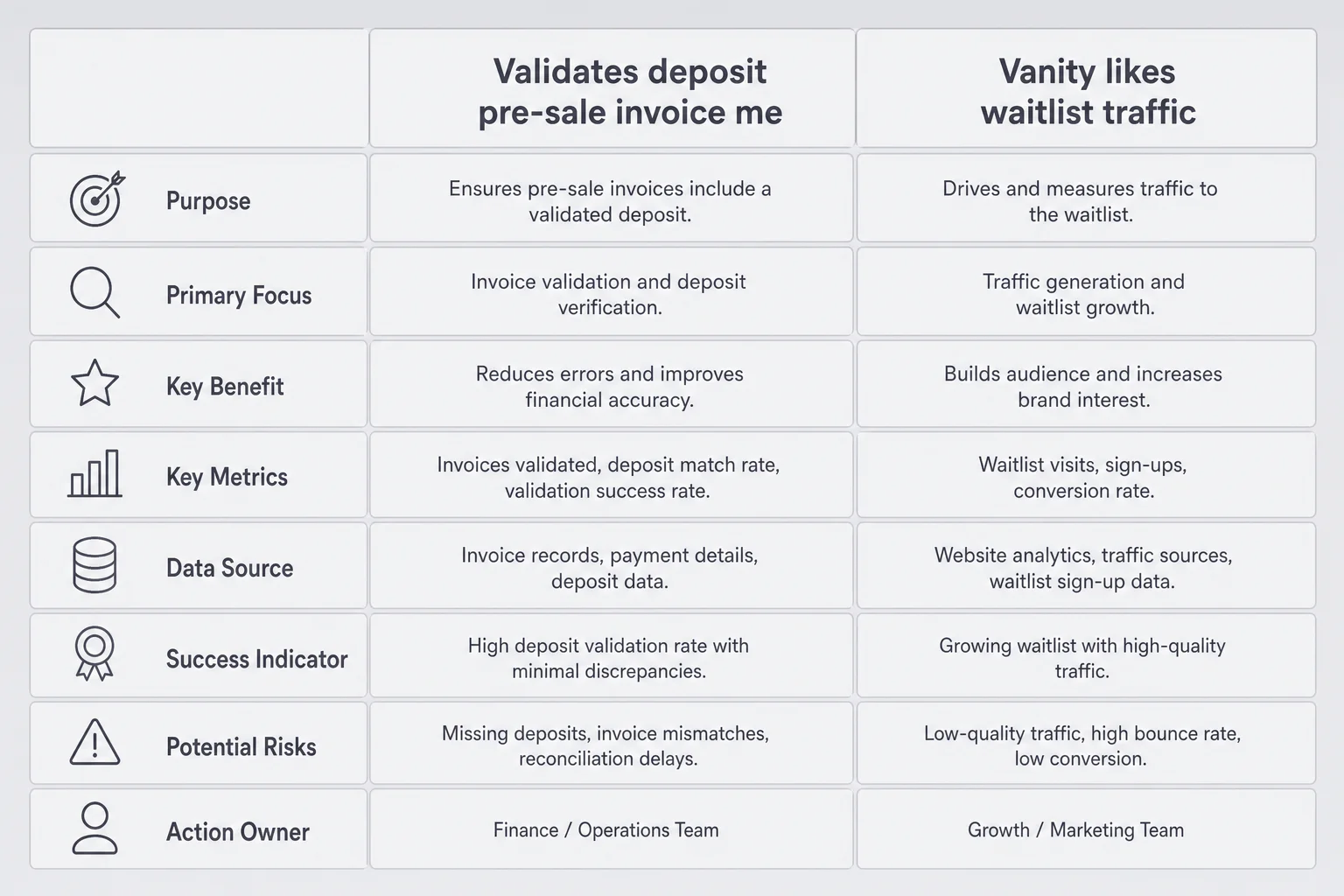 Two-column matrix comparing real validation signals with vanity metrics like likes and waitlist