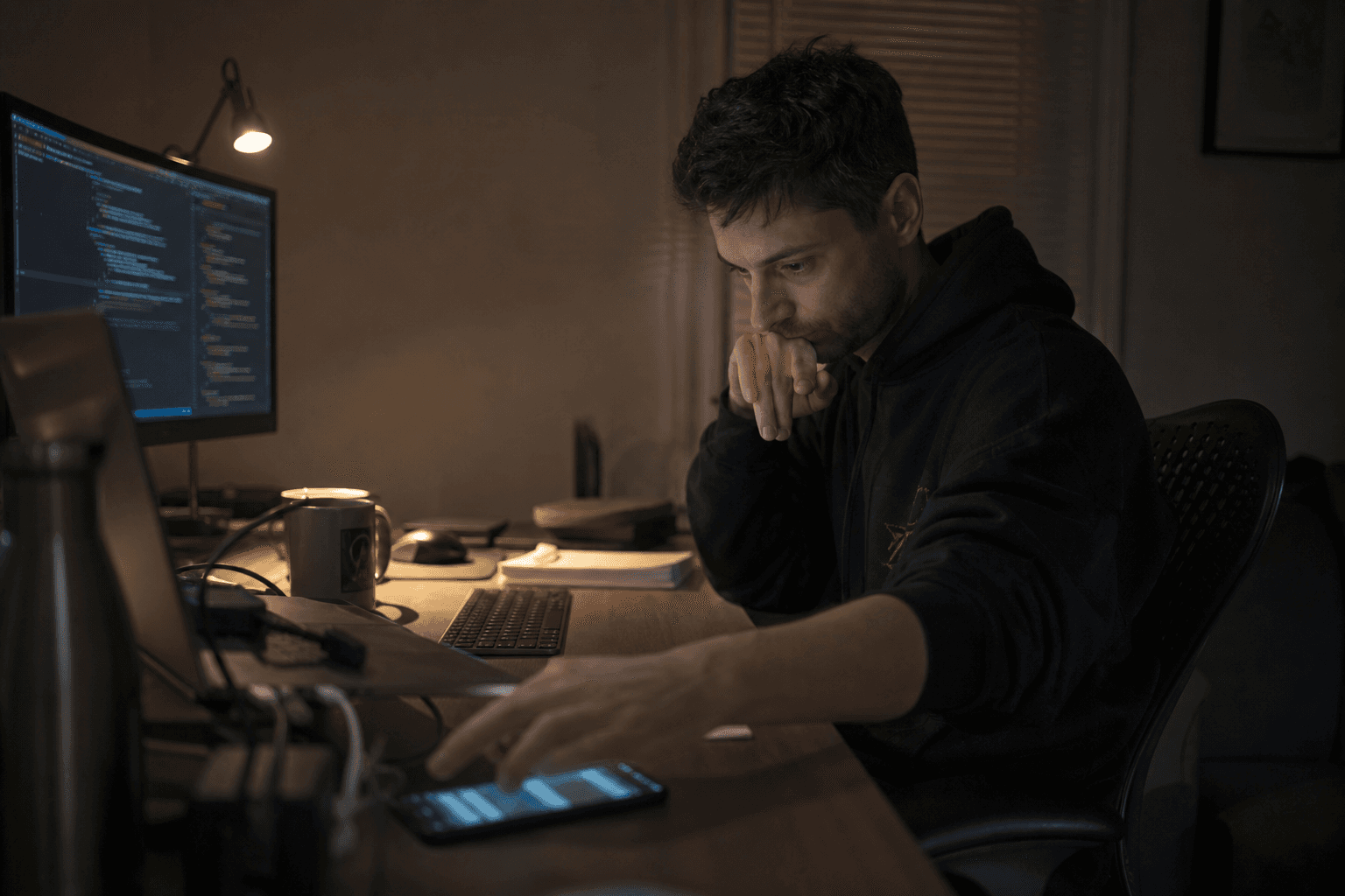 Developer alone at a desk choosing between an open code editor and a phone showing unanswered outreach messages