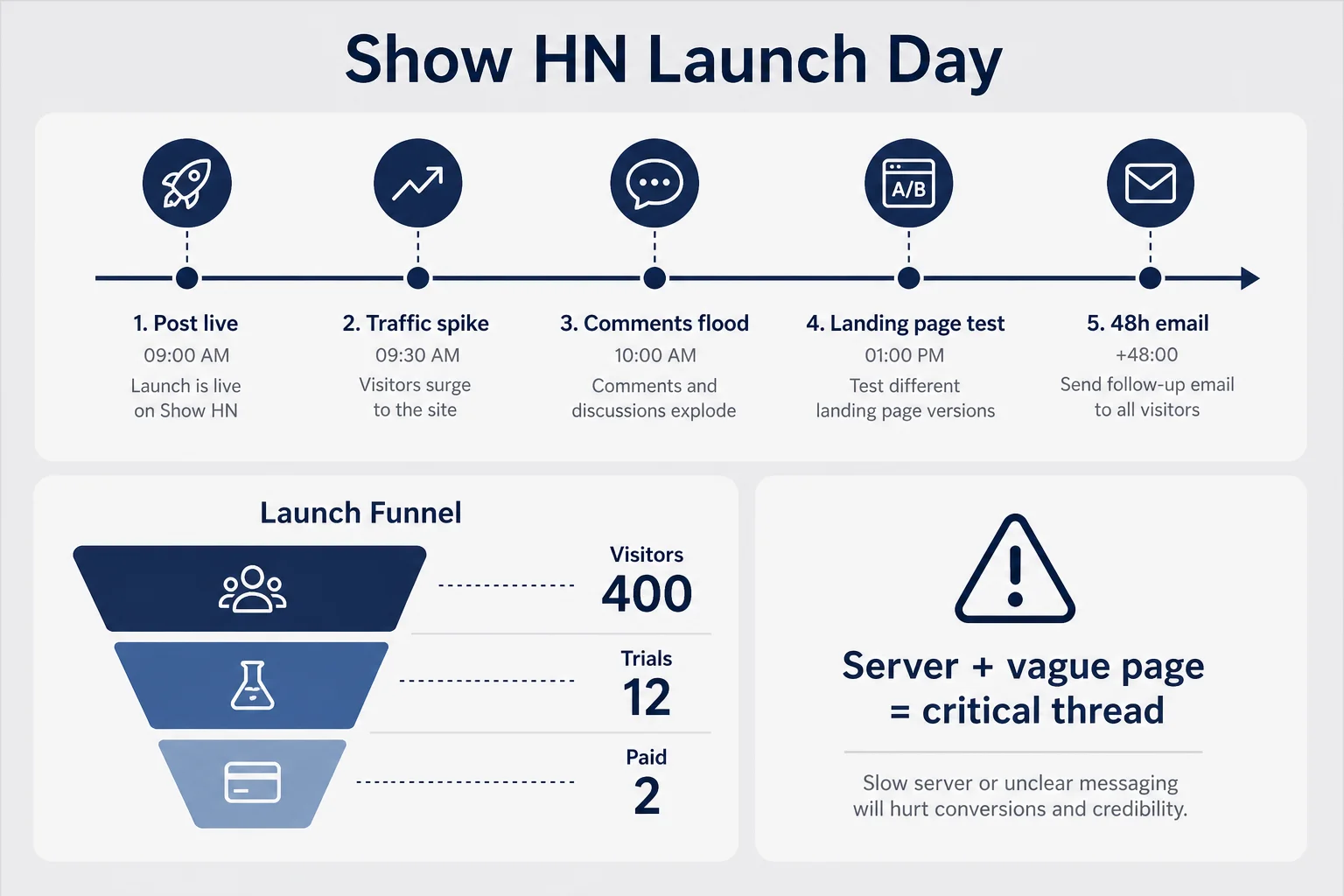Timeline of a Show HN launch day from post to traffic spike, comments, landing page test, and forty-eight-hour email follow-up with visitor-to-paid funnel