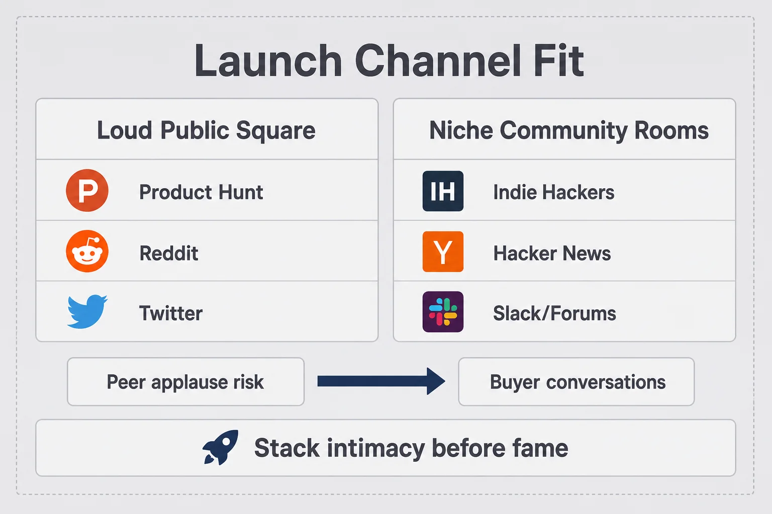 Two-column matrix comparing loud public launch channels with niche community rooms and buyer-fit risk