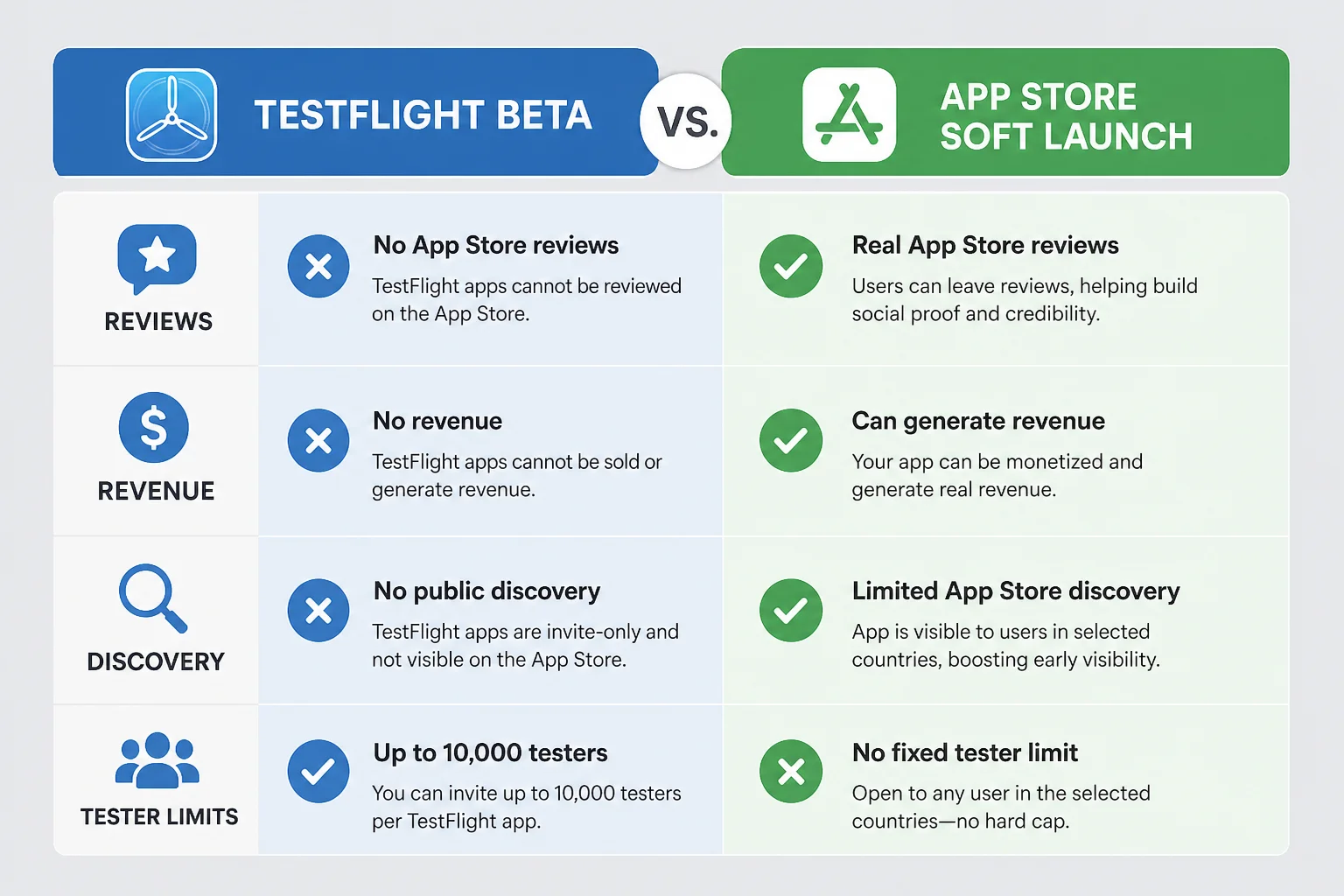 Two-column comparison of TestFlight beta versus App Store soft launch across reviews, revenue, discovery, and tester limits