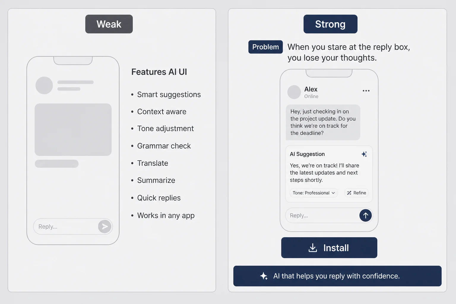 Side-by-side wireframes of weak feature-list ad versus strong problem-outcome ad with caption bar and install CTA for vertical placement