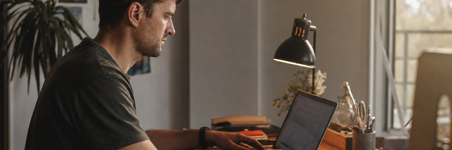 Founder pausing above a laptop with a notebook and coffee mug