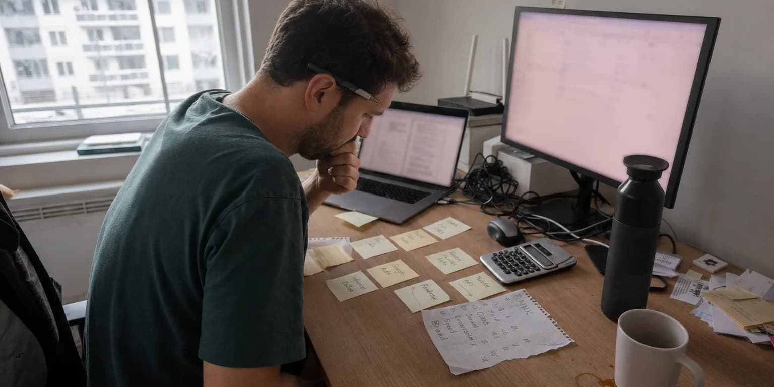 Founder comparing handwritten channel notes with a calculator beside a laptop