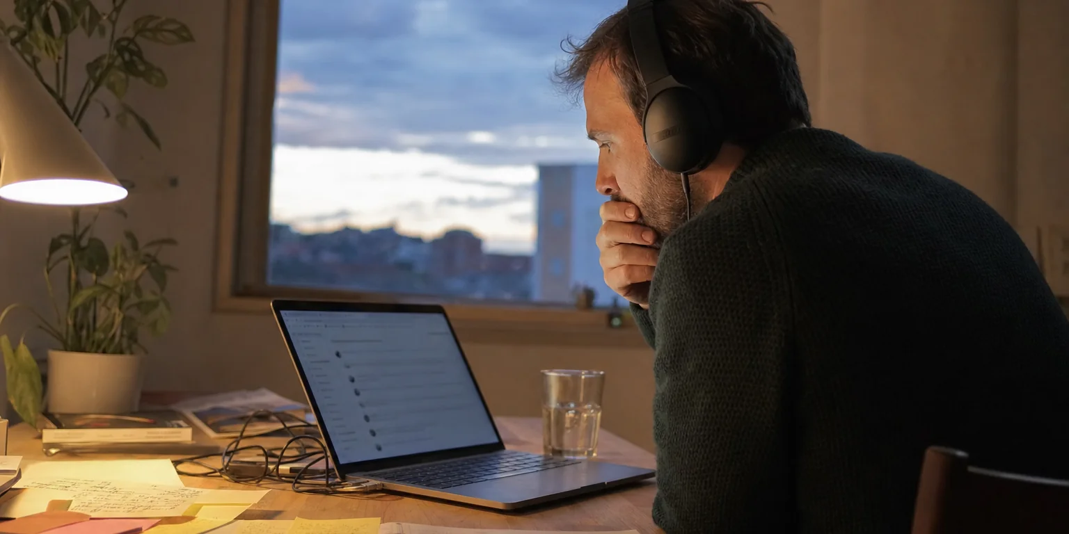 Founder reading an online community thread on a laptop with headphones on the desk