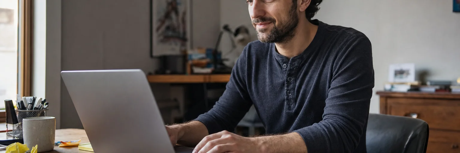 Founder smiling slightly at a laptop after reading a reply