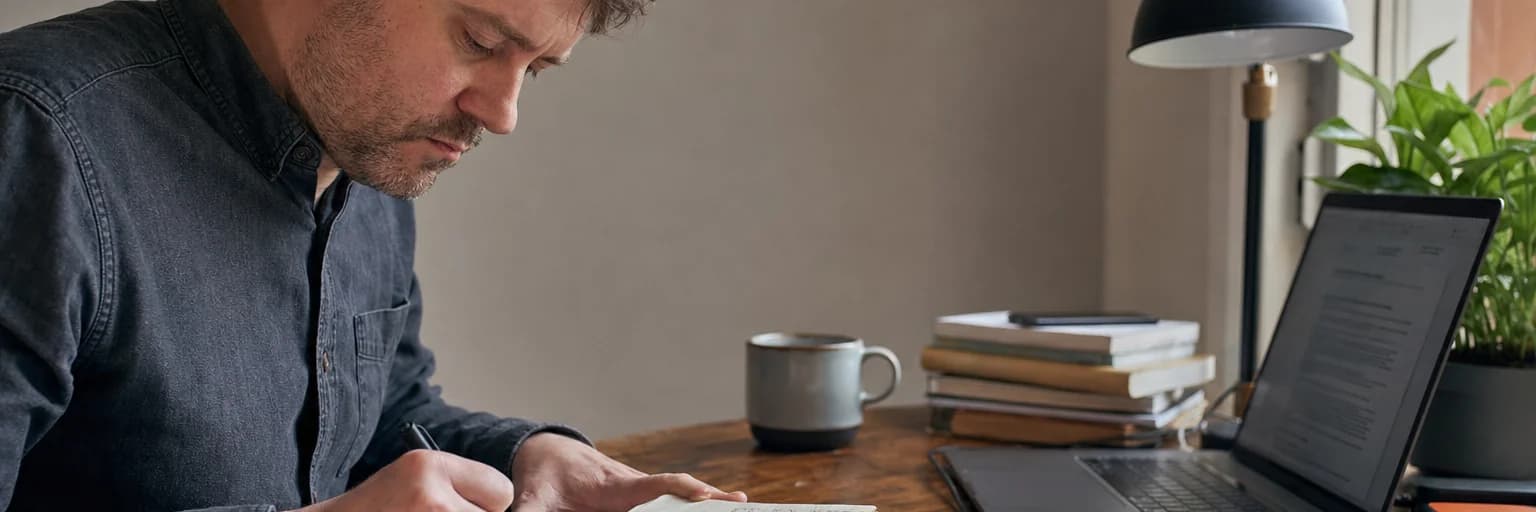 Founder writing article headings in a notebook while looking at a laptop screen