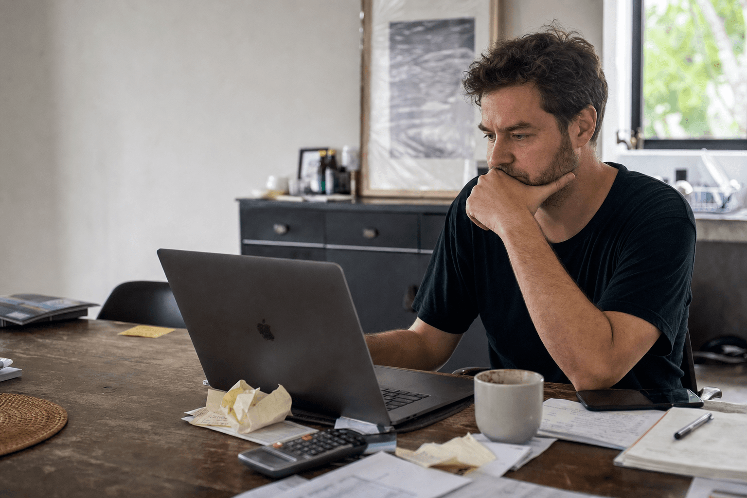 Founder at a kitchen table with a laptop open to a pricing page draft, calculator and crumpled notes nearby