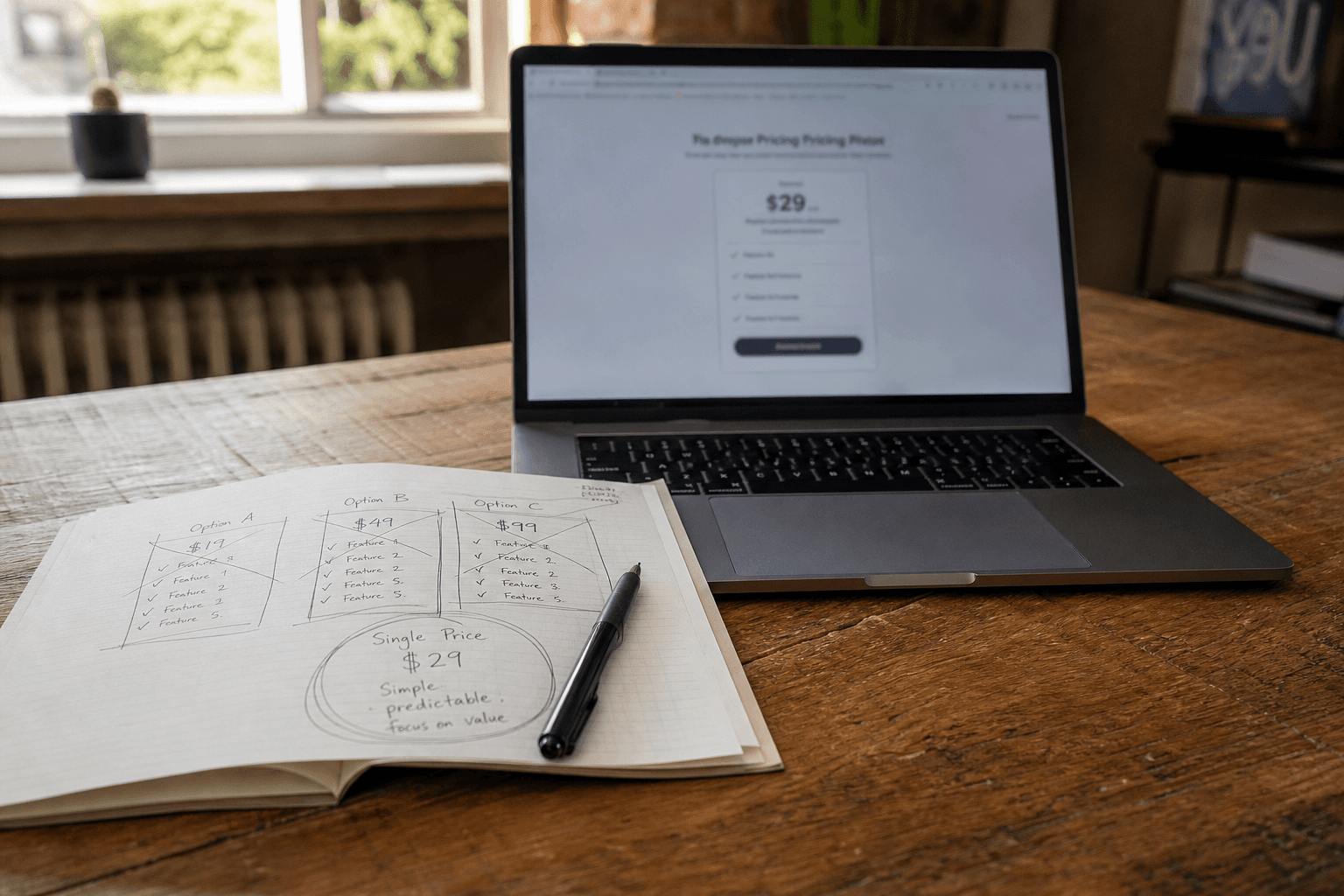 Simple pricing page mockup on a laptop screen showing one plan at $39 per month, notebook beside it with crossed-out tier sketches