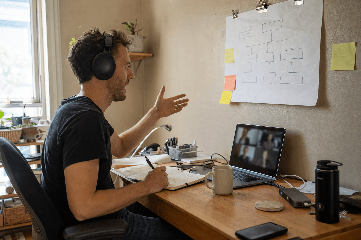 Founder on a video call gesturing at a printed workflow diagram while taking notes on estimated hours saved