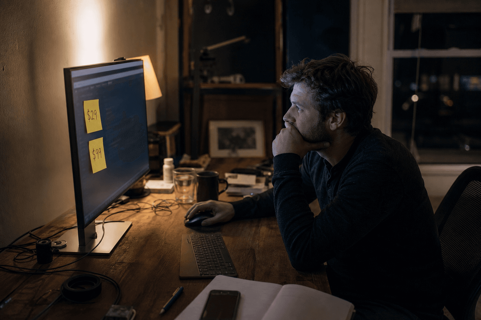 Founder staring at two sticky notes on a monitor, one showing $9 and one $49, hand hovering over the lower one