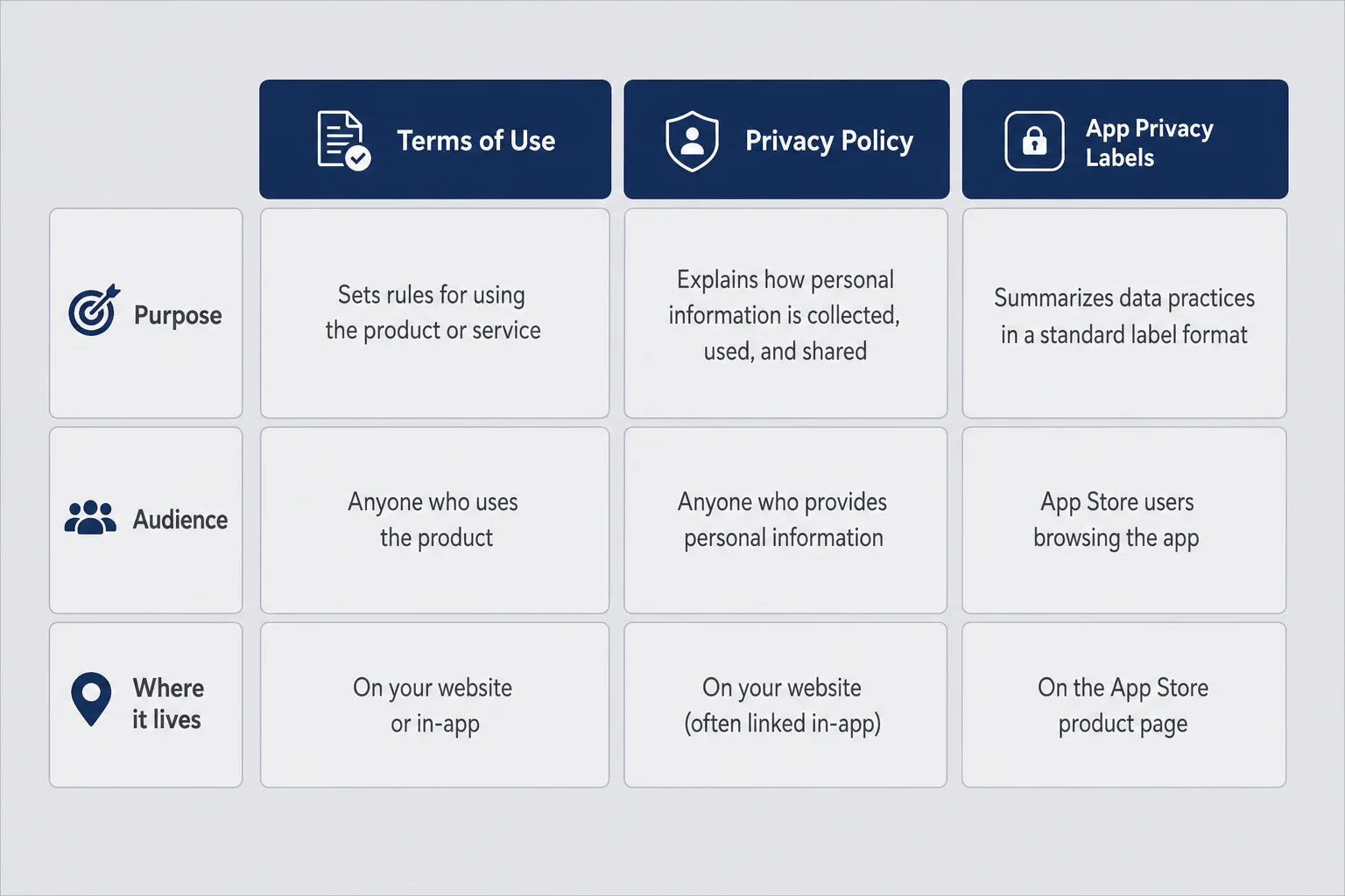 Three-column matrix comparing terms of use, privacy policy, and App Privacy labels with rows for purpose, audience, and where each lives