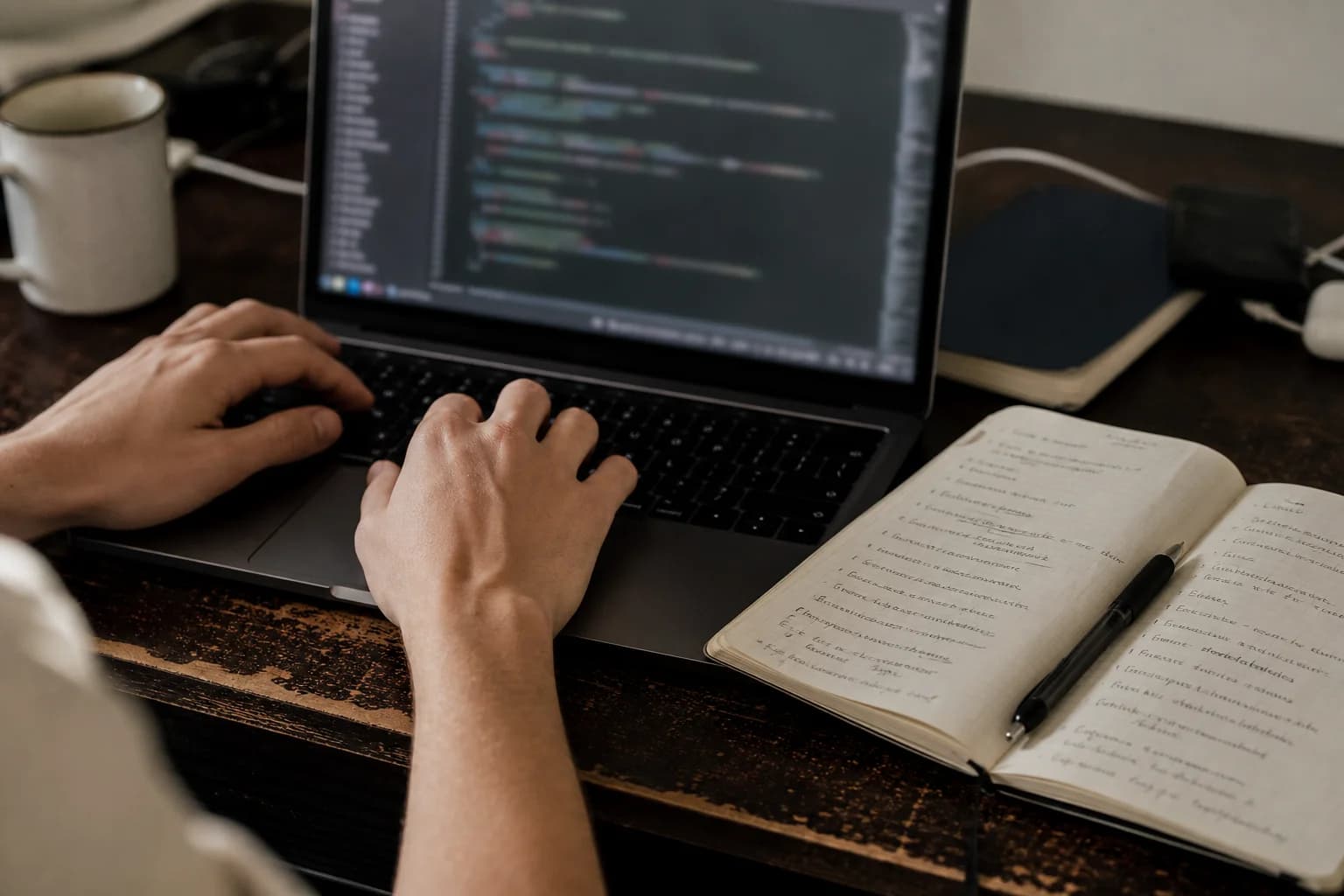 Close view of hands on a laptop keyboard with a blurred code editor on screen and a notebook of questions on the desk