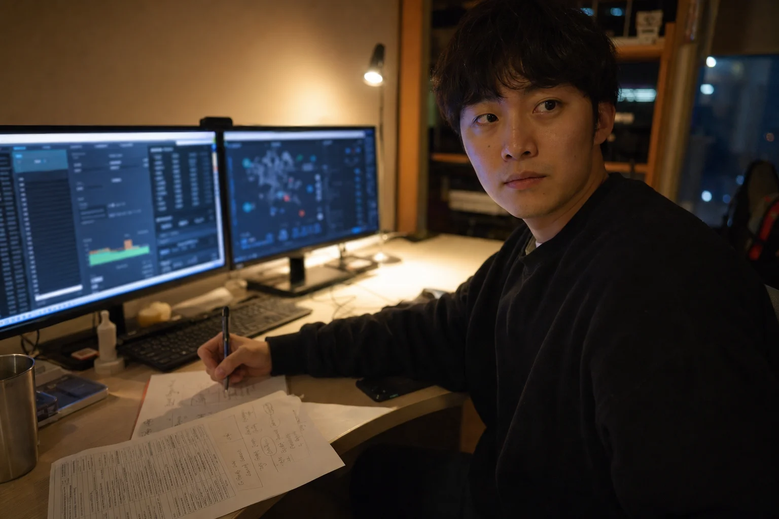 Solo founder at a desk with two monitors showing blurred dashboards, handwritten workflow notes, and a printed checklist on the desk