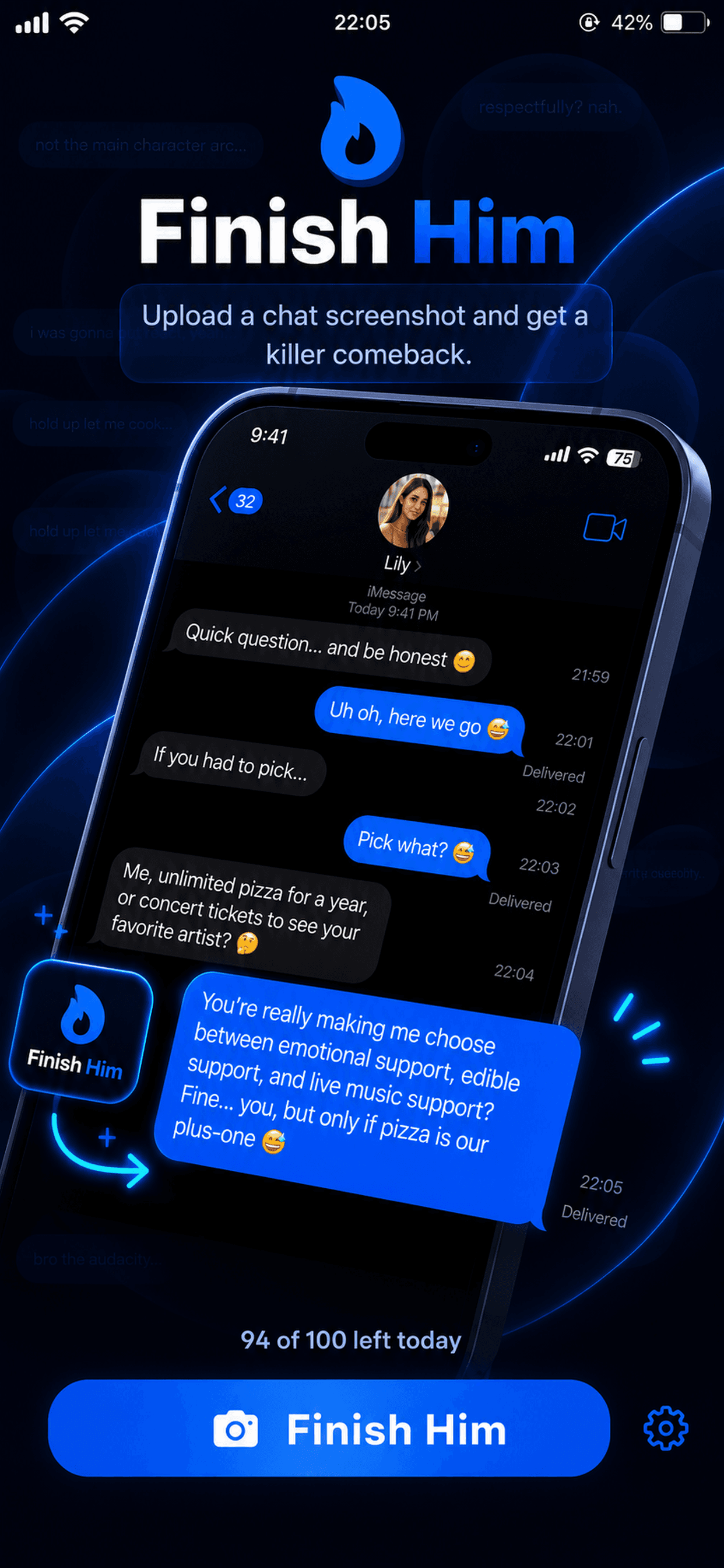 Upload a chat screenshot and get a killer comeback