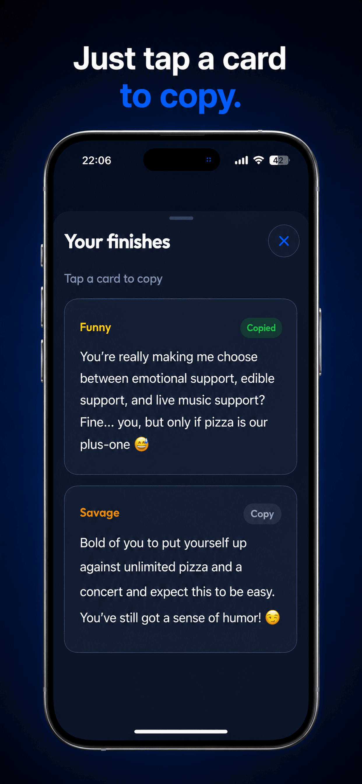Tap a card to copy your AI reply — Funny, Savage, and more
