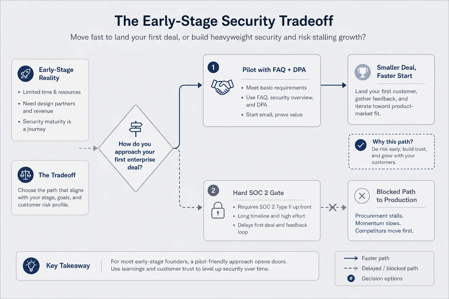 SOC 2 decision path for pilots without certification showing security FAQ DPA completed questionnaire versus hard SOC 2 gate for production