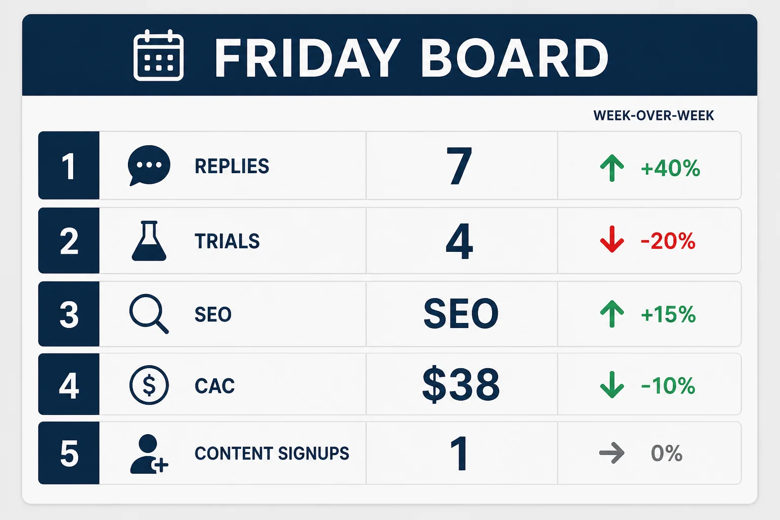 Weekly marketing board layout listing five metric rows for replies, trials, CAC, ROAS, and content-assisted signups with week-over-week arrows