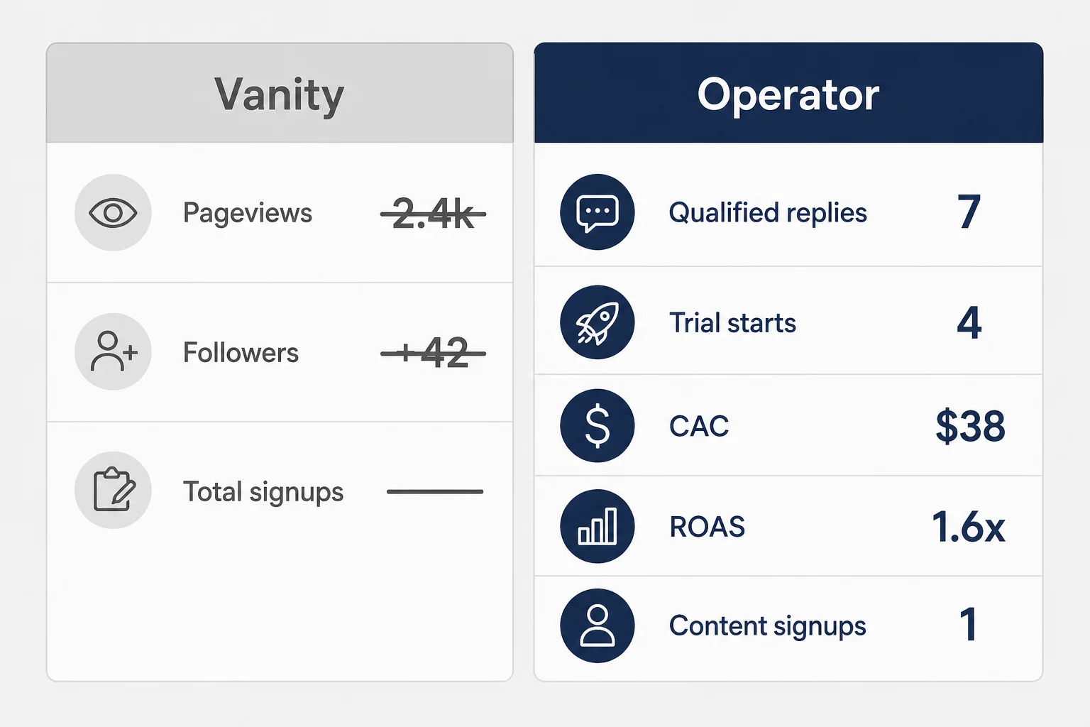 Two-column comparison of vanity marketing metrics like impressions and followers against operator metrics like qualified replies and trial starts