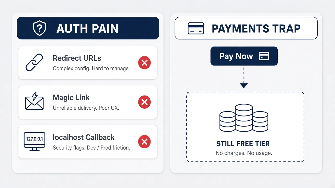 Diagram comparing auth redirect complexity versus payment flows that look simple until webhooks and database sync are missing