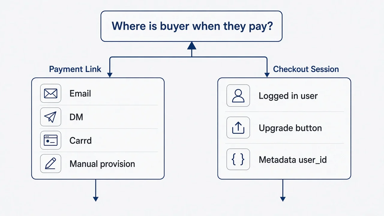 Decision flowchart comparing Stripe Checkout Sessions embedded in app flow versus standalone Payment Links for solo founders selling manually at first