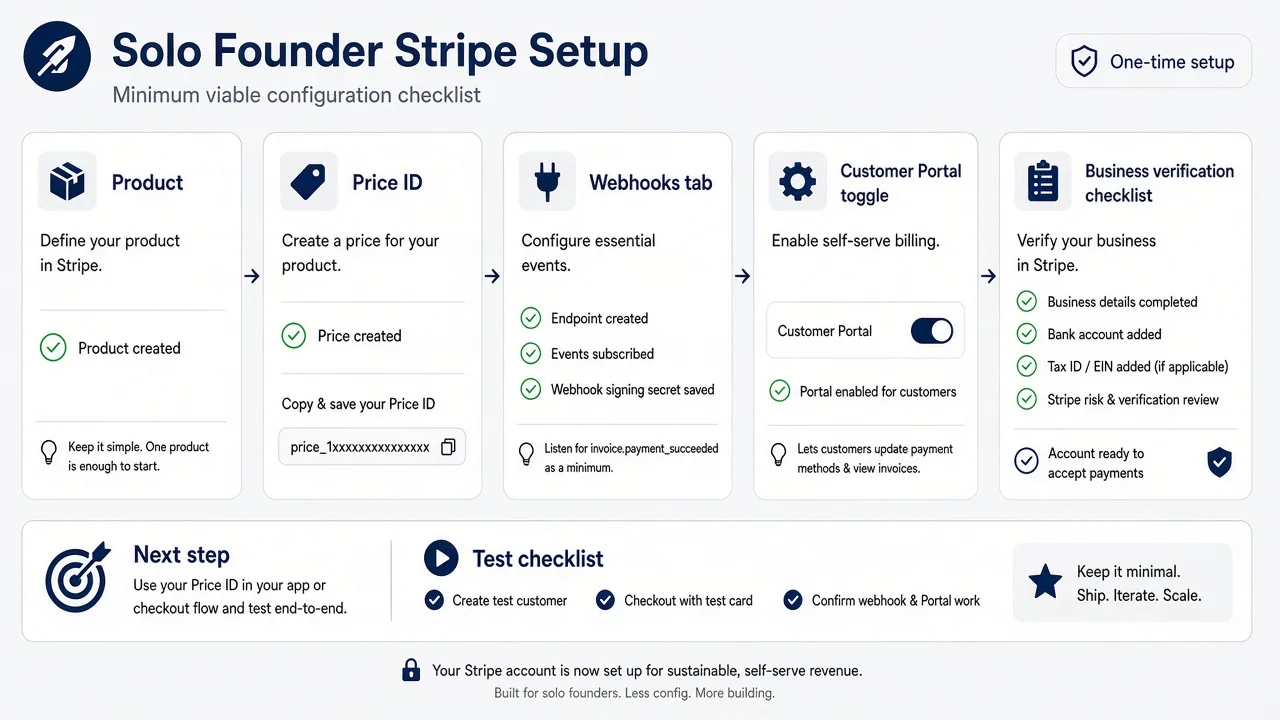 Annotated Stripe dashboard setup showing Products, Prices, Customer Portal toggle, and webhook endpoint registration for solo founders
