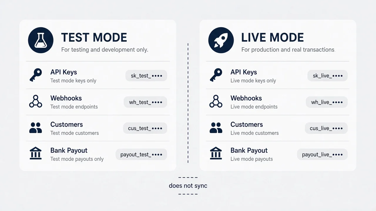 Side-by-side diagram of Stripe test mode versus live mode showing separate API keys, webhooks, and dashboard toggles that do not sync automatically