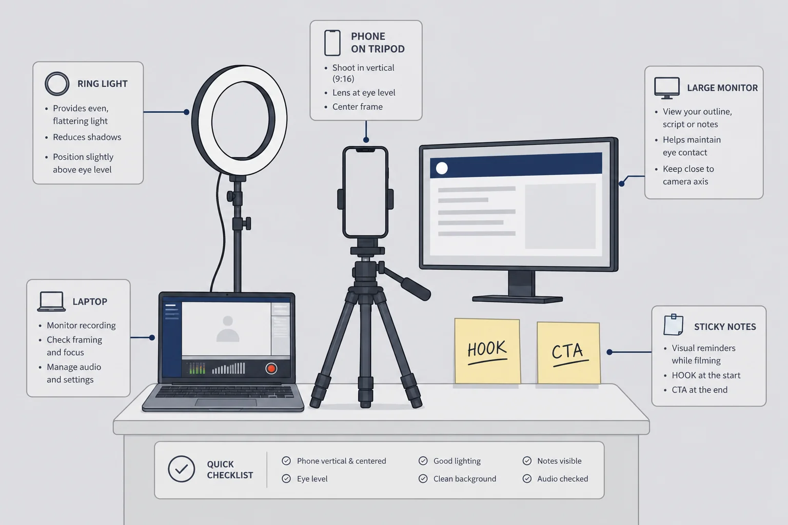 Annotated filming setup diagram with phone on tripod, ring light, laptop monitor, and sticky note labels for hook and CTA zones