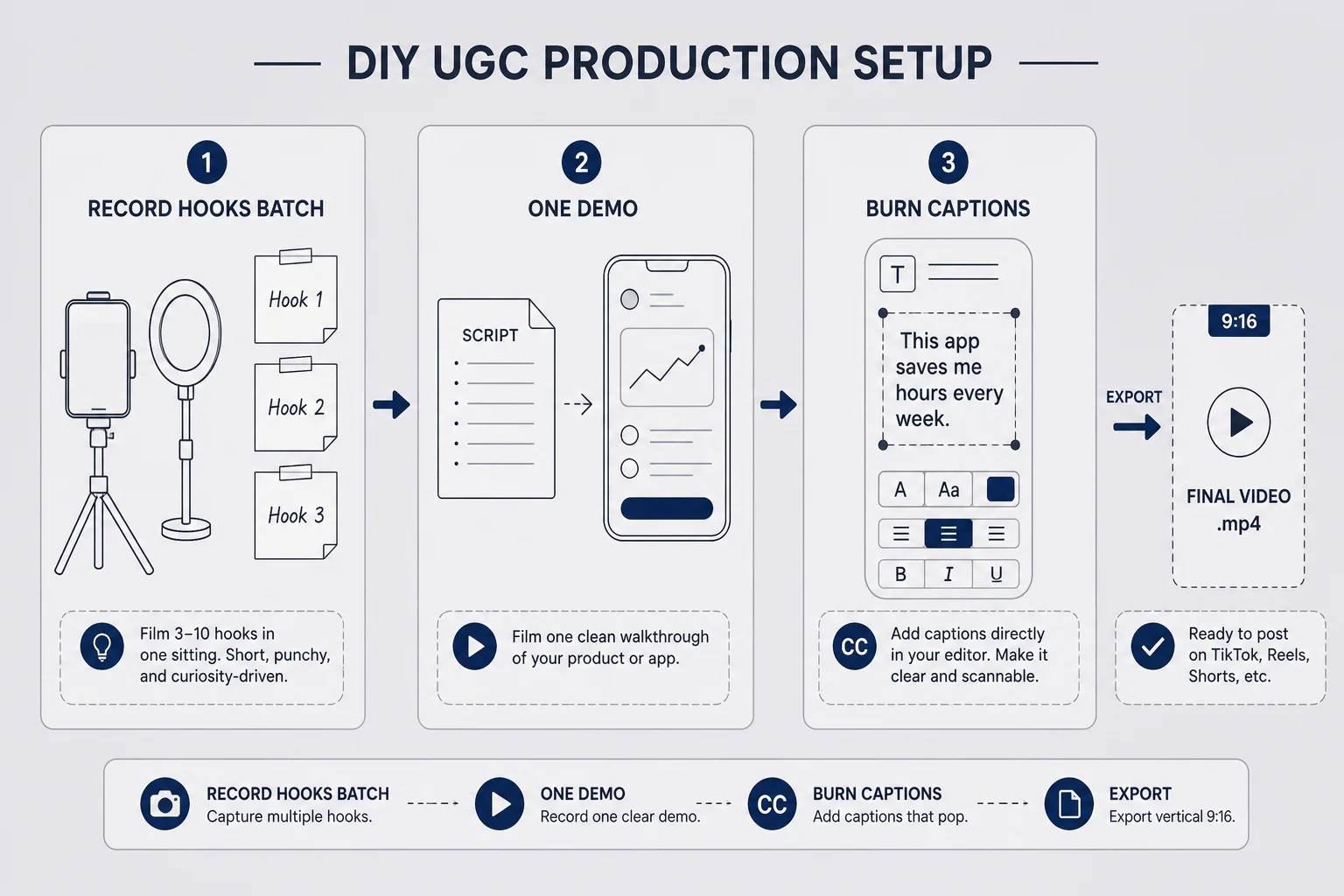 Wireframe of DIY UGC setup with phone on tripod ring light script sticky notes and screen recording overlay