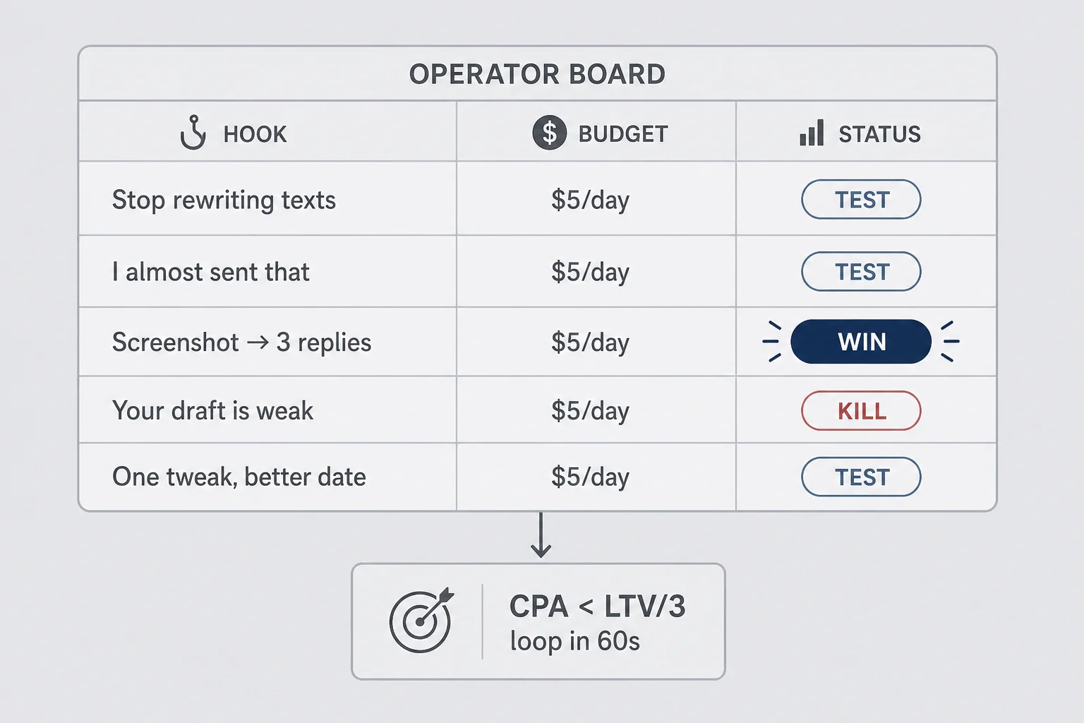 Operator board diagram with five hook rows, daily budget per row, and kill or scale gates