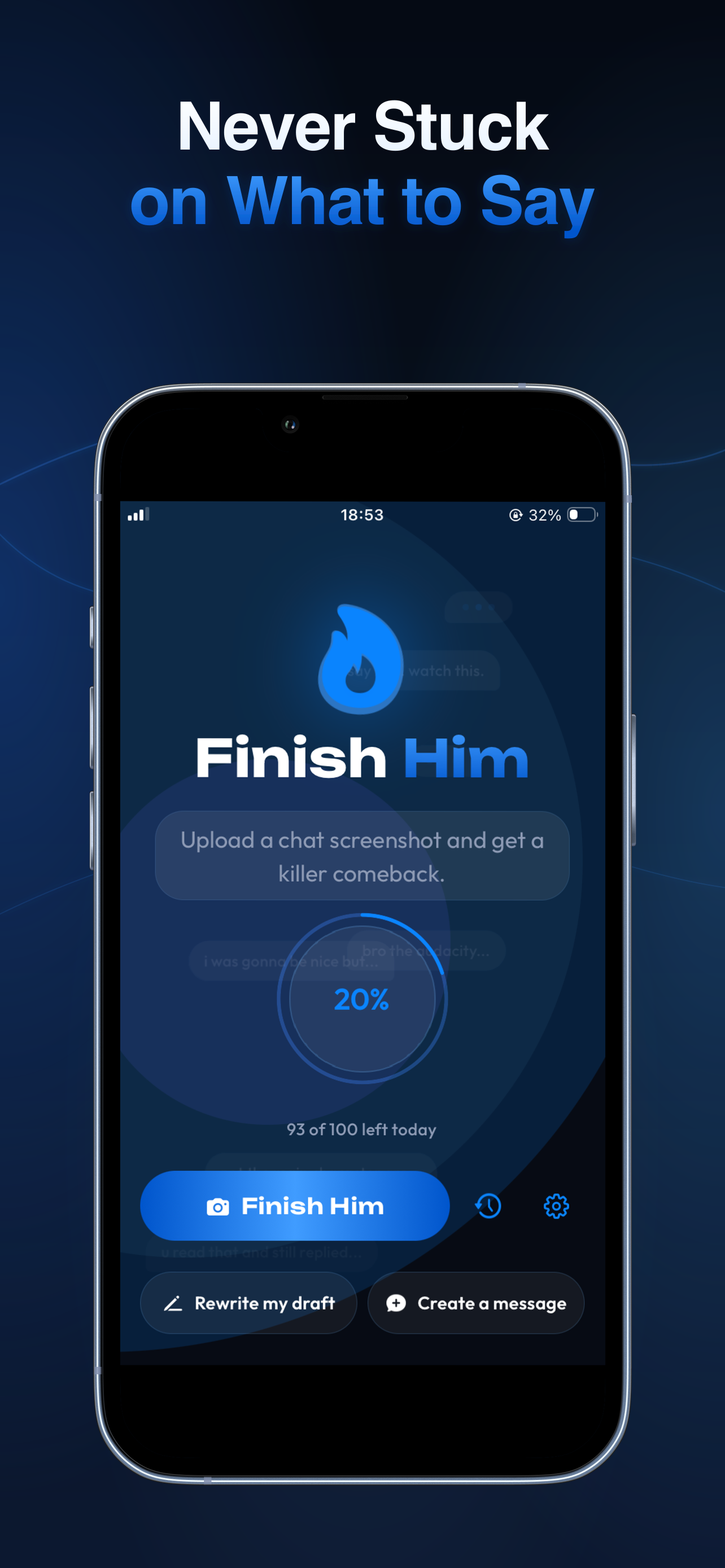 Finish Him home screen — upload a chat screenshot and get replies