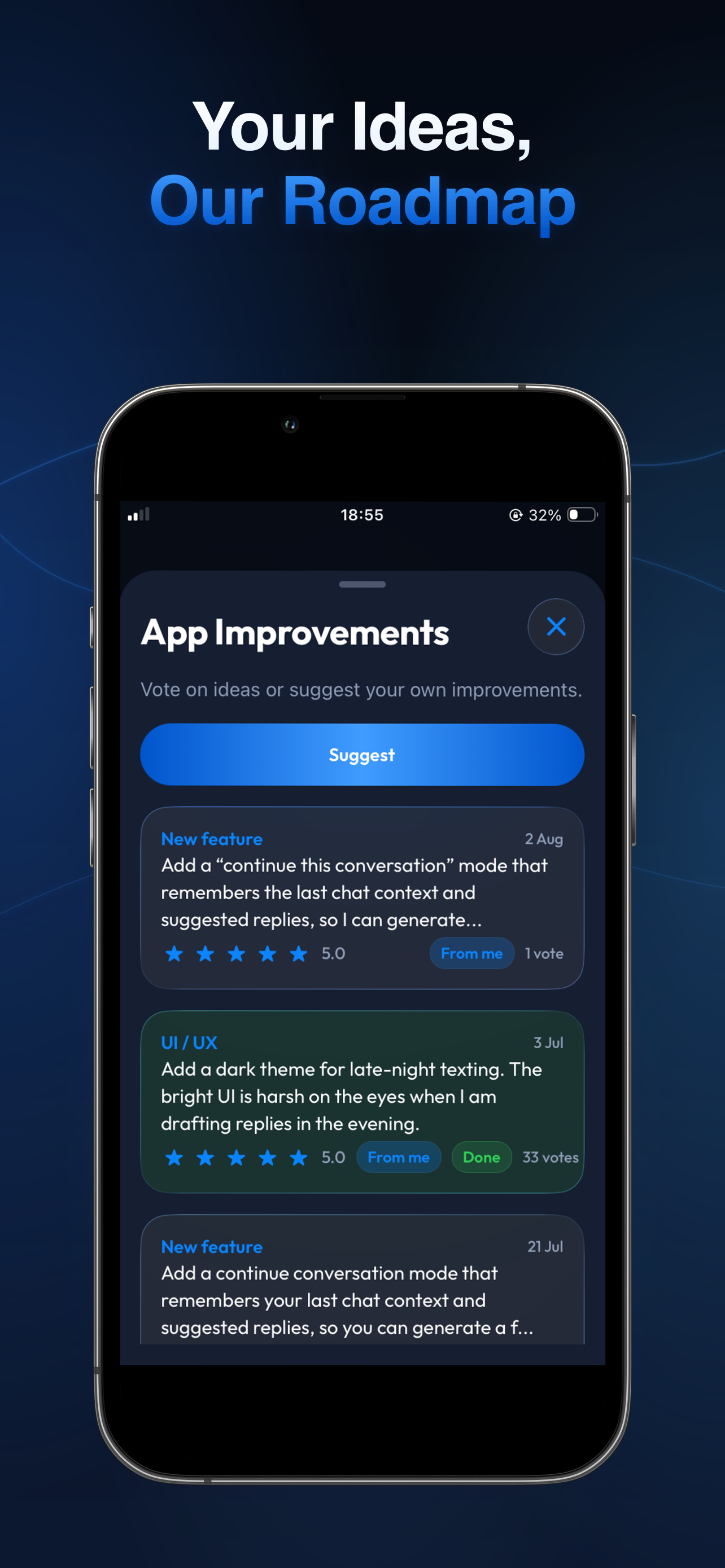 App Improvements board in Finish Him