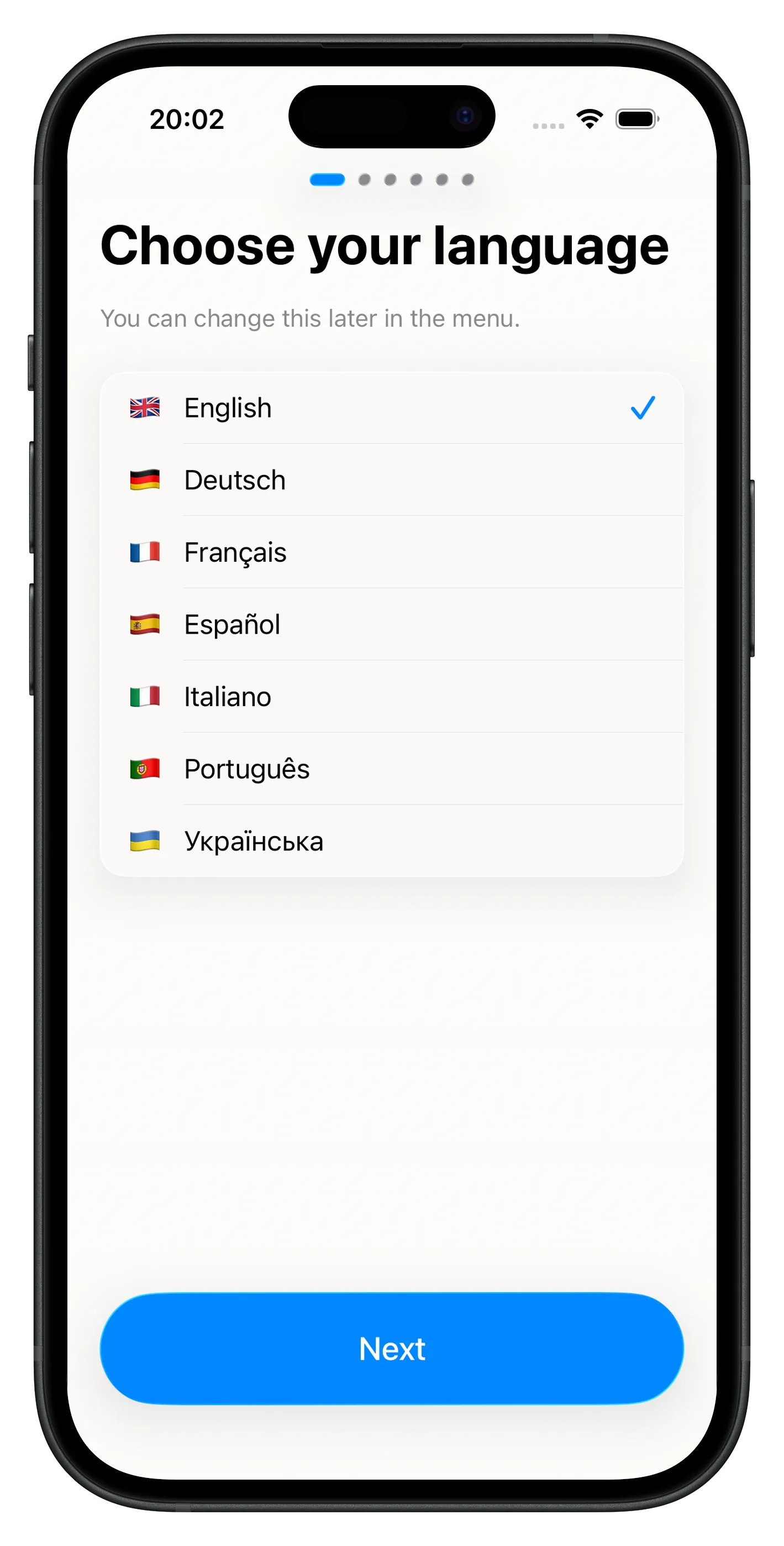 Choose your language screen with seven languages