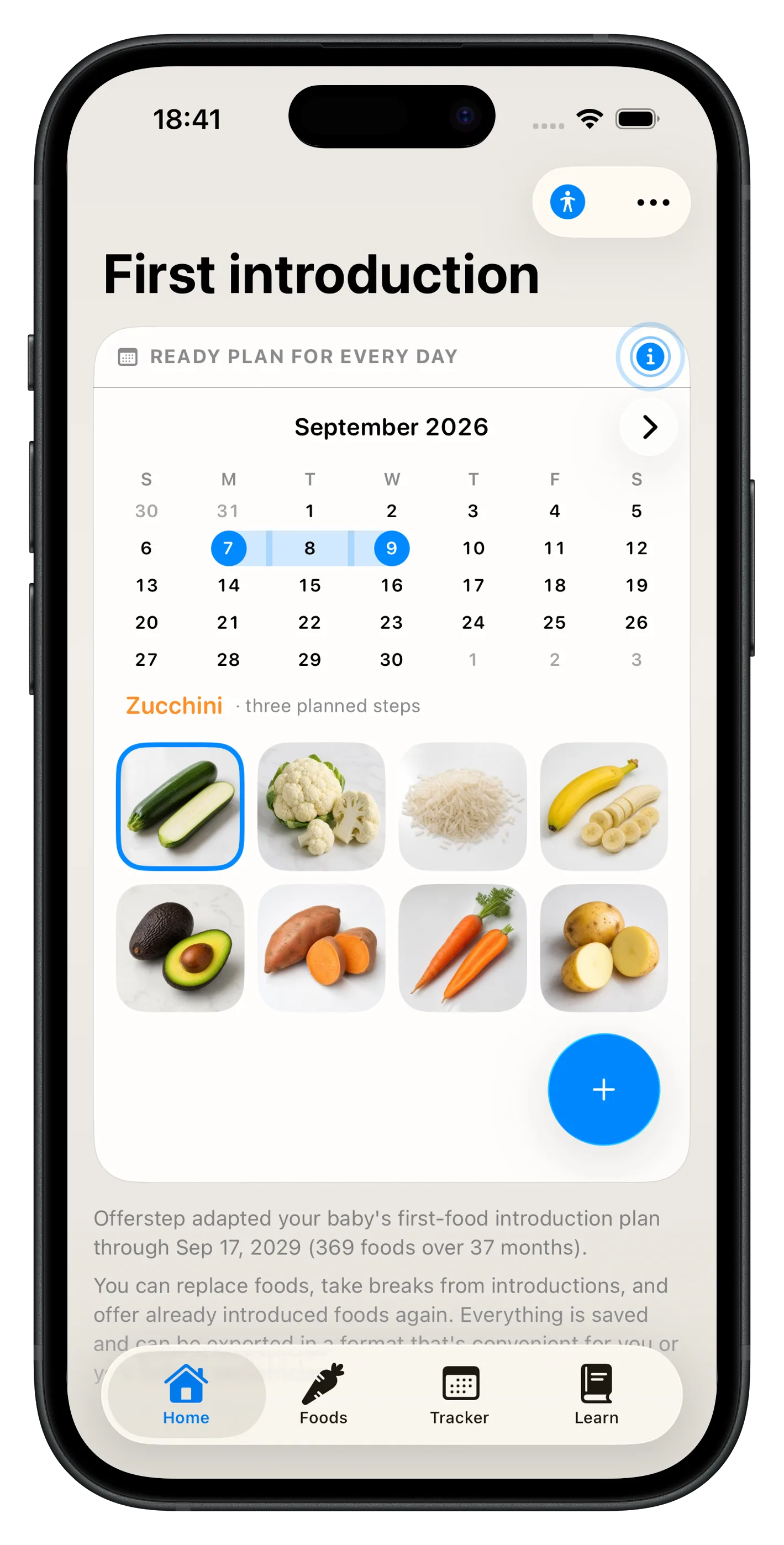 First introduction plan with calendar and recommended foods