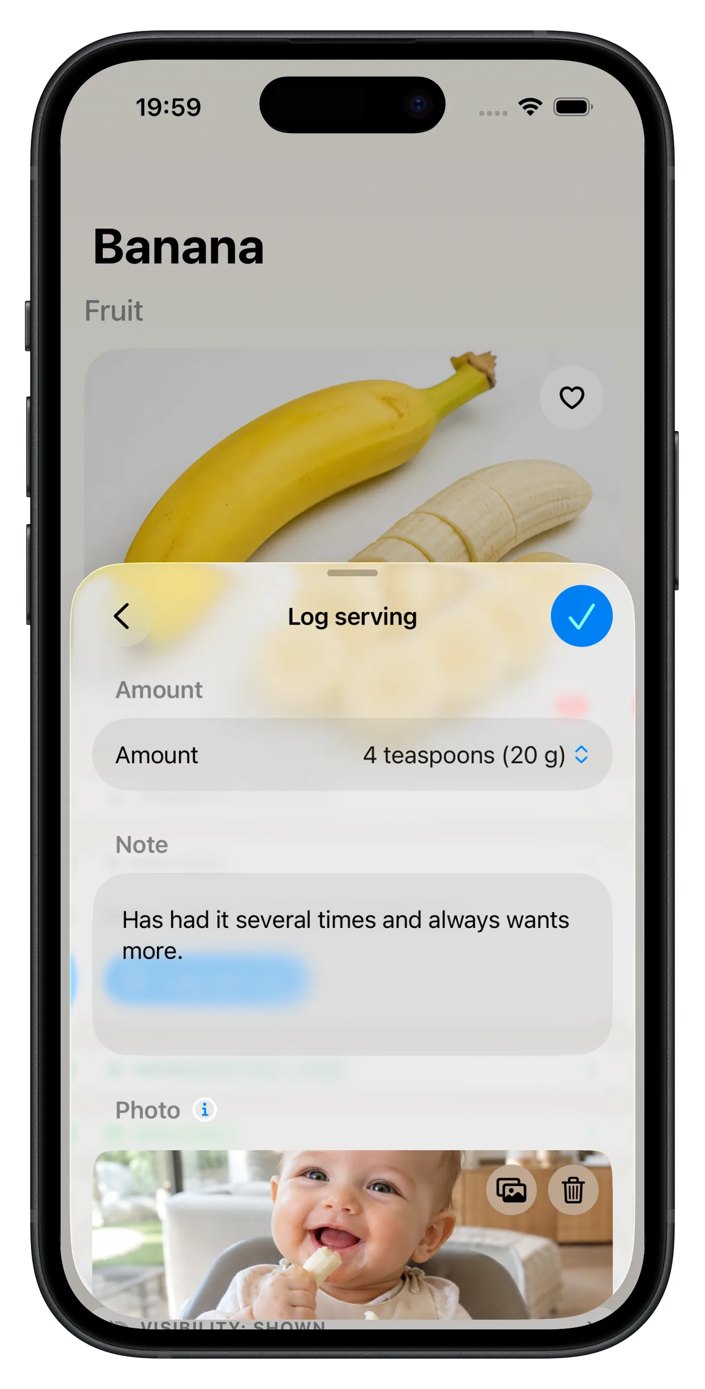 Serving log with amount, date, and notes for banana